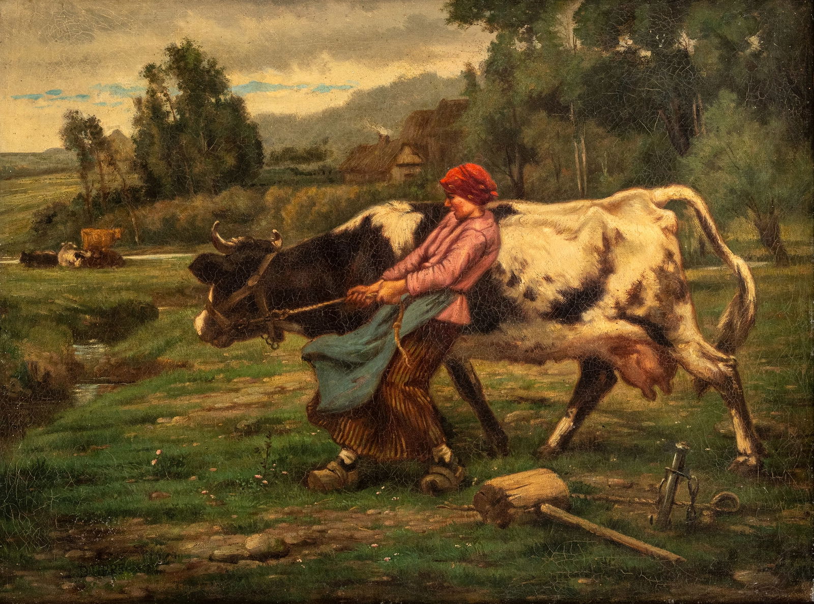 Dupré, Julien (Follower): Dupré, Julien (Follower) 1851 - 1910 46 x 61 cm A peasant woman with a restive cow. Oil/canvas, inscribed. Traces due to age.Dupré, Julien (Nachfolger) 1851 - 1910 46 x 61 cm Bäuerin