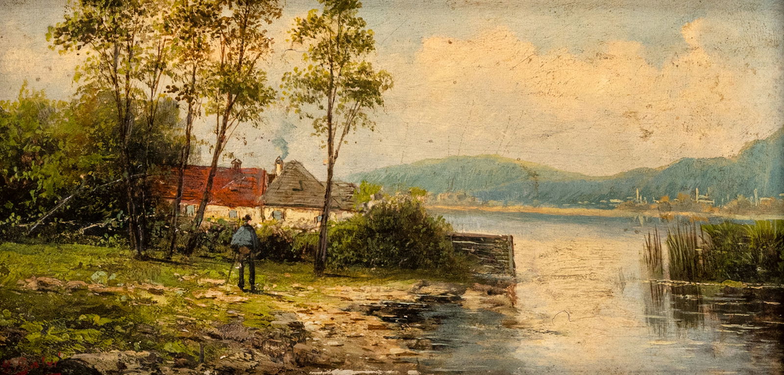 Salvi, G.: Salvi, G. 19/20th ct. 16 x 32 cm River landscape with houses and a clump of trees. Oil/panel, signed. Traces due to age, rest.Salvi, G. 19./20. Jhdt. 16 x 32 cm Flußlandschaft mit Häusern