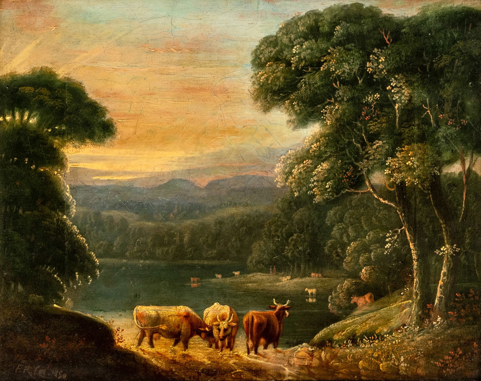 Lee, Frederick Richard: Lee, Frederick Richard 1798 - 1879 31 x 38 cm Wooded river landscape with cows. Oil/canvas, signed and dated 1850.Lee, Frederick Richard 1798 - 1879 31 x 38 cm Bewaldete Flußlandschaft mit