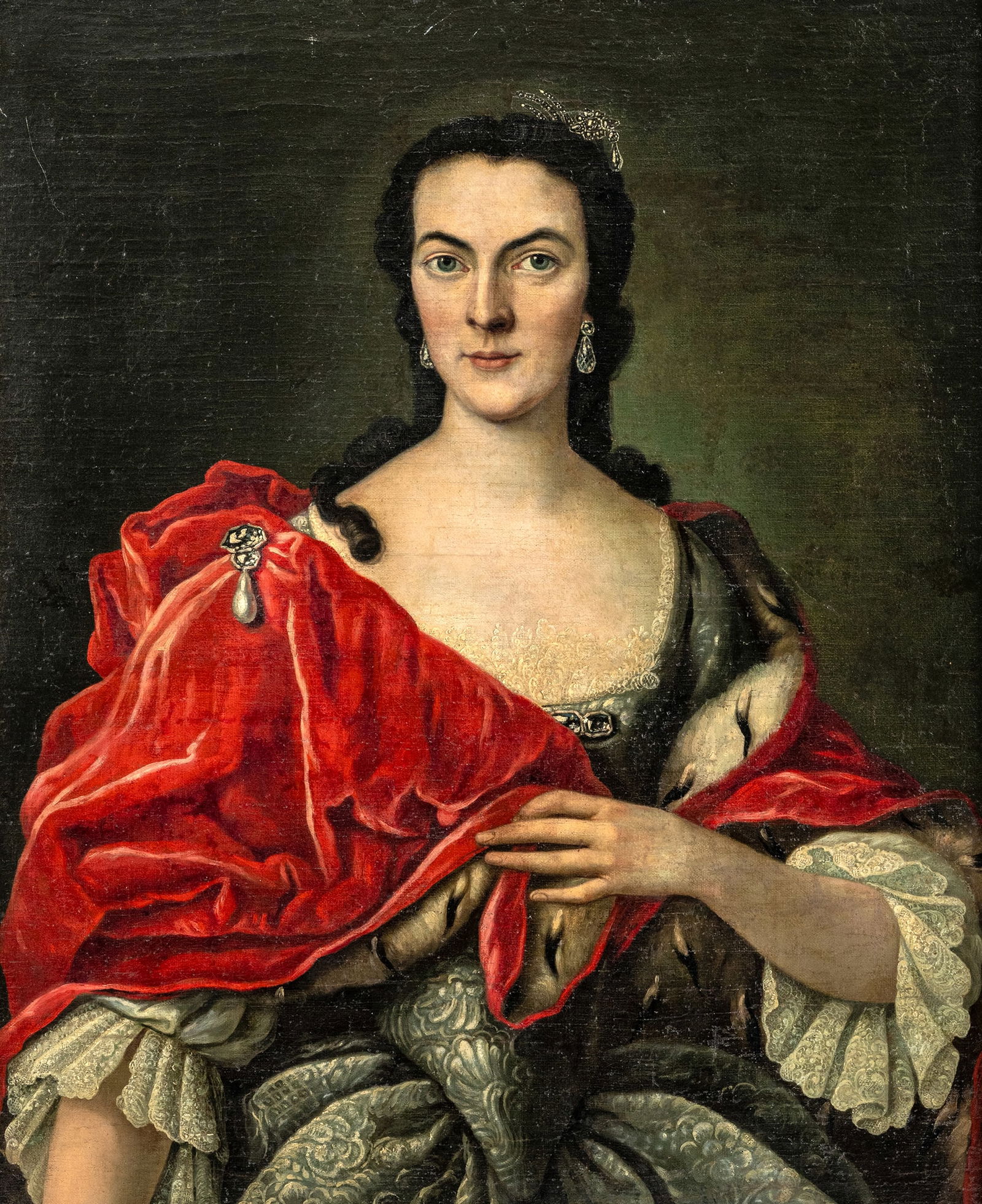 Blanckart, Leonhart (attr.): Blanckart, Leonhart (attr.) C. 1735 - 1801 79 x 67 cm Portrait of a noblewoman in a grey dress and red coat. Oil/canvas, relined, verso inscribed (transferred) Leonard.Blanckart.pinxit 1748. Traces