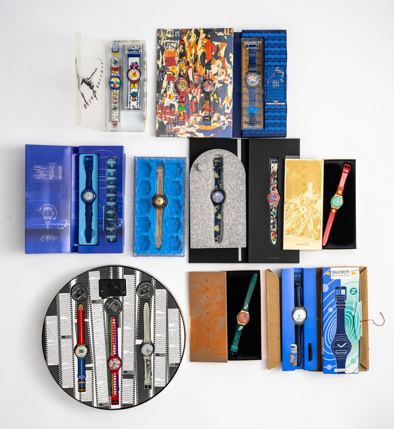 Mixed lot of 16 Swatch watches: Mixed lot of 16 Swatch watches Various special editions including "100 Years of Cinema" and Sam Francis artist edition; leather and plastic straps, water-resistant, quartz movement not tested for