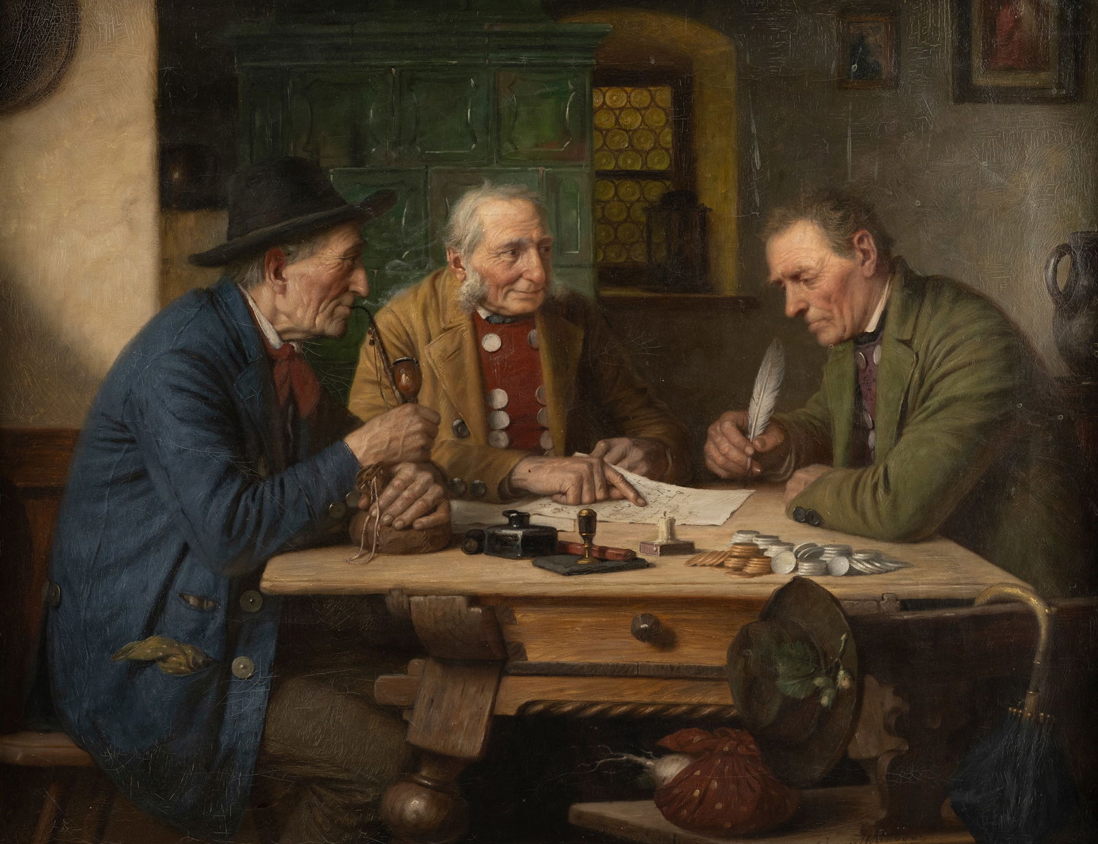 Wagner-Höhenberg, Josef: Wagner-Höhenberg, Josef 1870 - 1938 70 x 90 cm Peasants at tax due. Oil/canvas, signed. Altersspuren.Wagner-Höhenberg, Josef 1870 - 1938 70 x 90 cm Bauern bei der Zinsabgabe. Öl/lwd.,