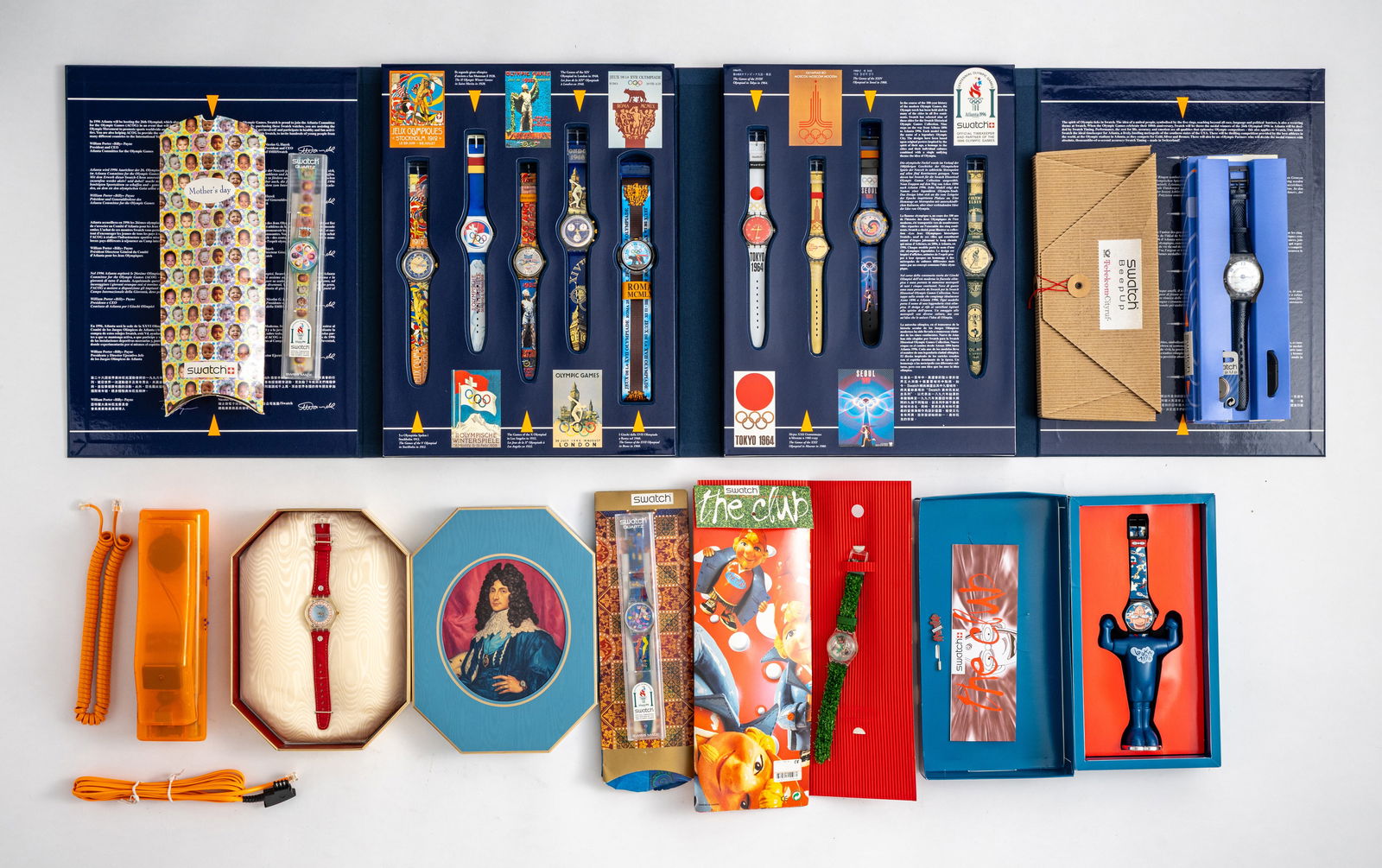 Mixed lot of 15 Swatch watches and Swatch twin phone: Mixed lot of 15 Swatch watches and Swatch twin phone Various special editions, including the Olympic Edition "Historical Olympic Games Collection" and "BeepUp", leather and plastic straps,