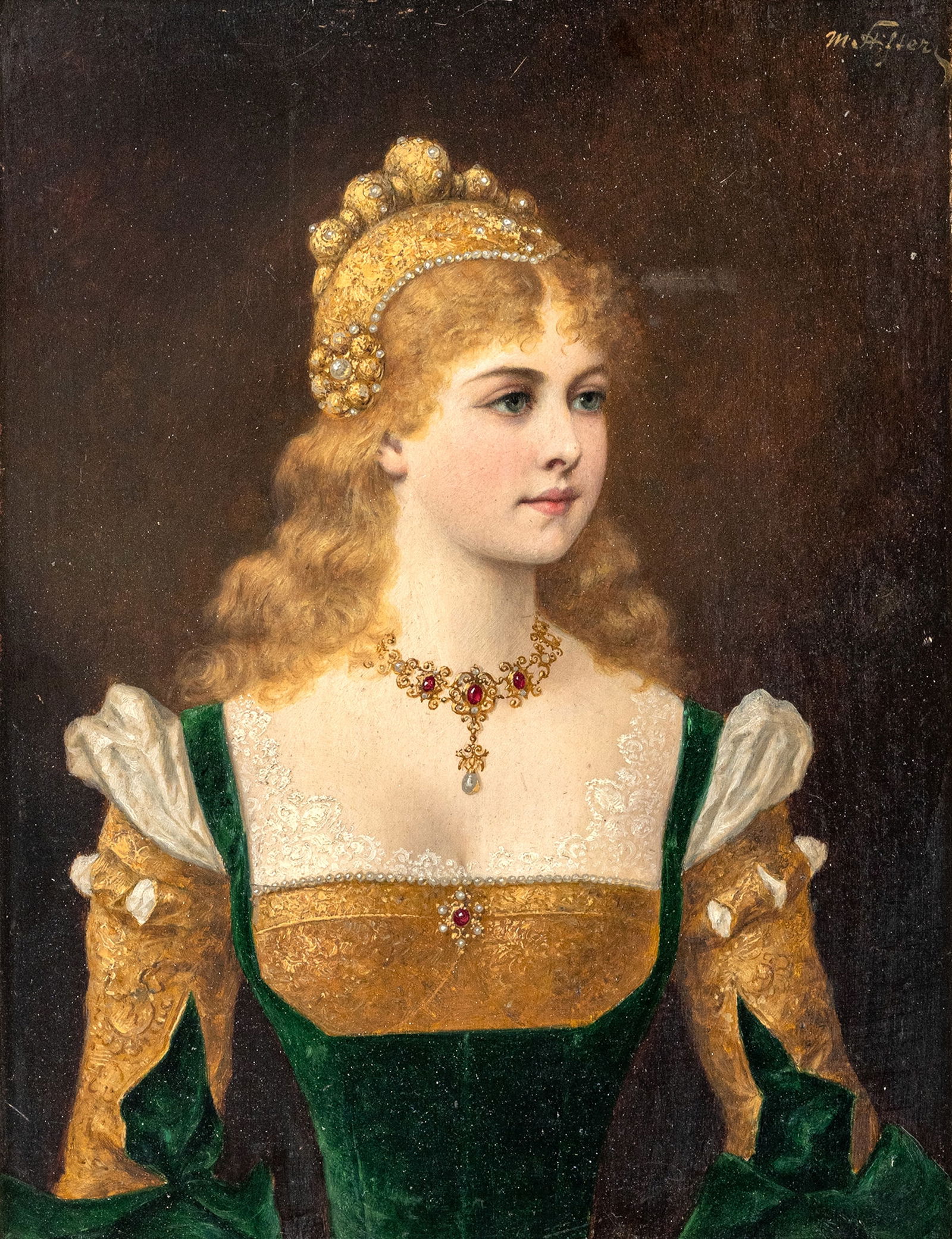 Stifter, Moritz: Stifter, Moritz 1857 - 1906 26 x 21 cm "Altdeutsches Edelfräulein" (Old German Noblewoman). OIl/panel, signed, verso with title. Traces due to age.Stifter, Moritz 1857 - 1906 26 x 21 cm