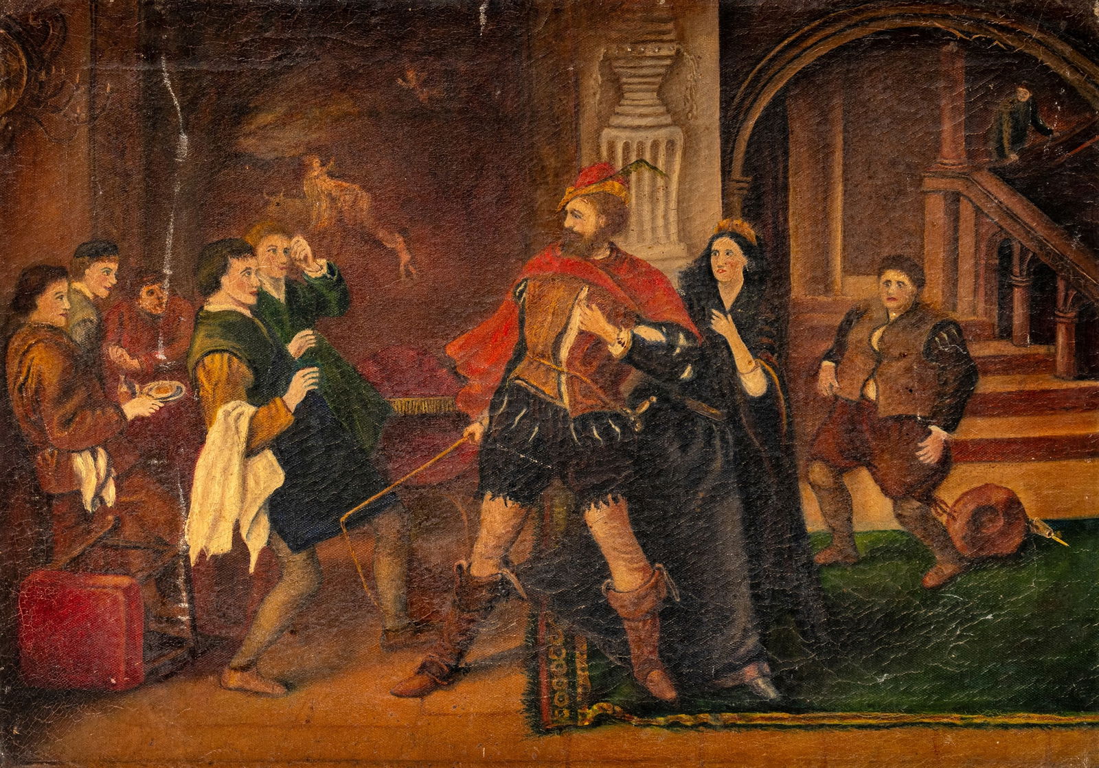 History Painter: History Painter 20th ct. 29 x 41 cm,o.R. Historical scene in an interior. Oil/canvas. Traces due to age, rest.Historienmaler 20. Jhdt. 29 x 41 cm,o.R. Historische Szene in einem Interieur.