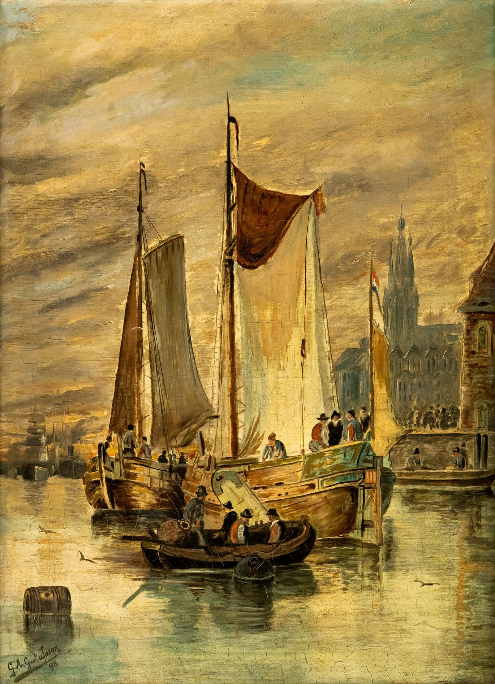 GUSTAFSSON, G.A.,: GUSTAFSSON, G.A., 19/20TH CT 37 x 41 cm Ships in front of a seaport. Oil/canvas, signed and dated 96.Gustafsson, G.A. 19./20. Jhdt. 37 x 41 cm Schiffe vor Hafenstadt. Öl/Leinwand, signiert und