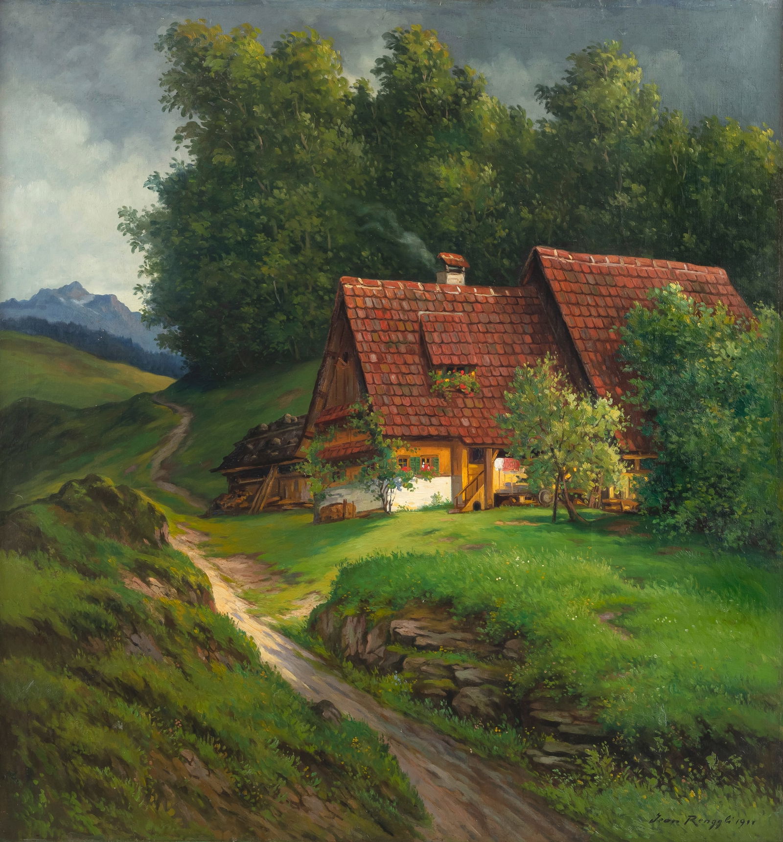 Renggli, Jean: Renggli, Jean 1872 - 1937 108 x 101 cm Landscape with view to Mount Pilatus near Lucerne. Oi/canvas, signed and dated.Renggli, Jean 1872 - 1937 108 x 101 cm Landschaft mit Blick auf den Pilatus bei