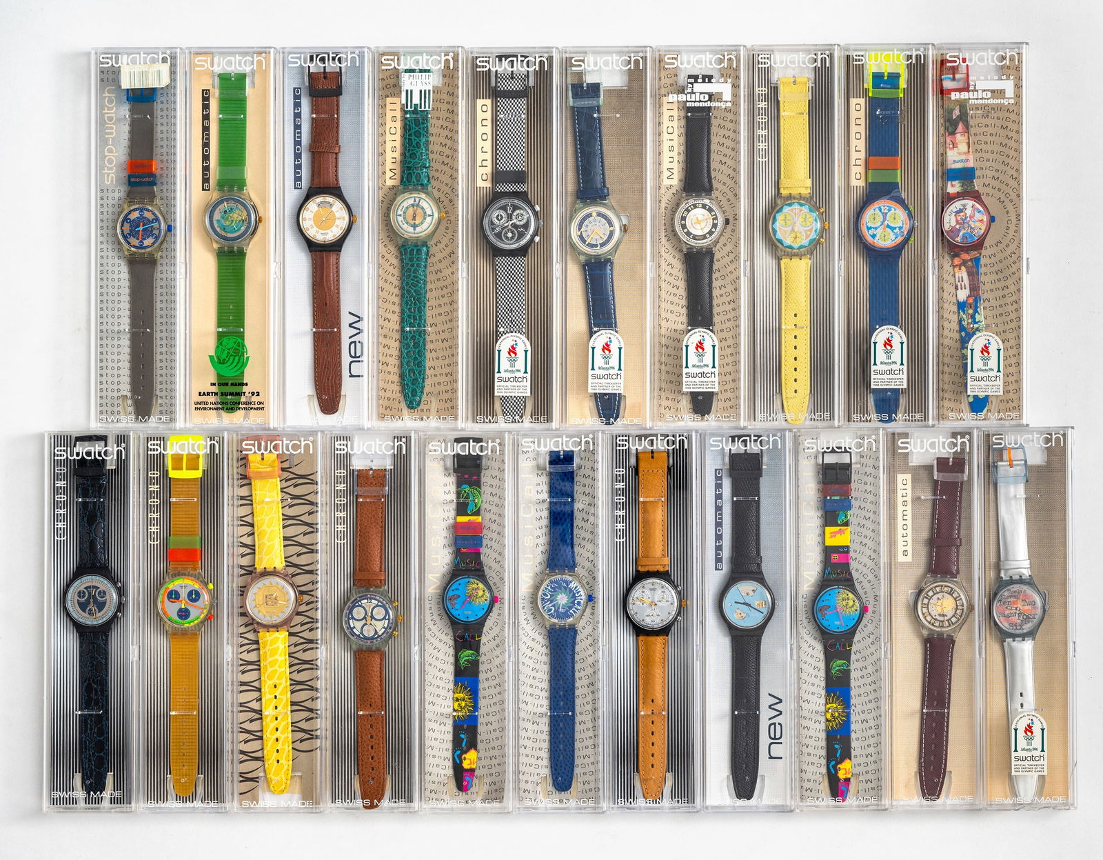 Mixed lot of 21 Swatch watches: Mixed lot of 21 Swatch watches Various editions, plastic and leather straps, water-resistant, quartz movement not tested for functionality, batteries must be replaced, with case. Collection Monika