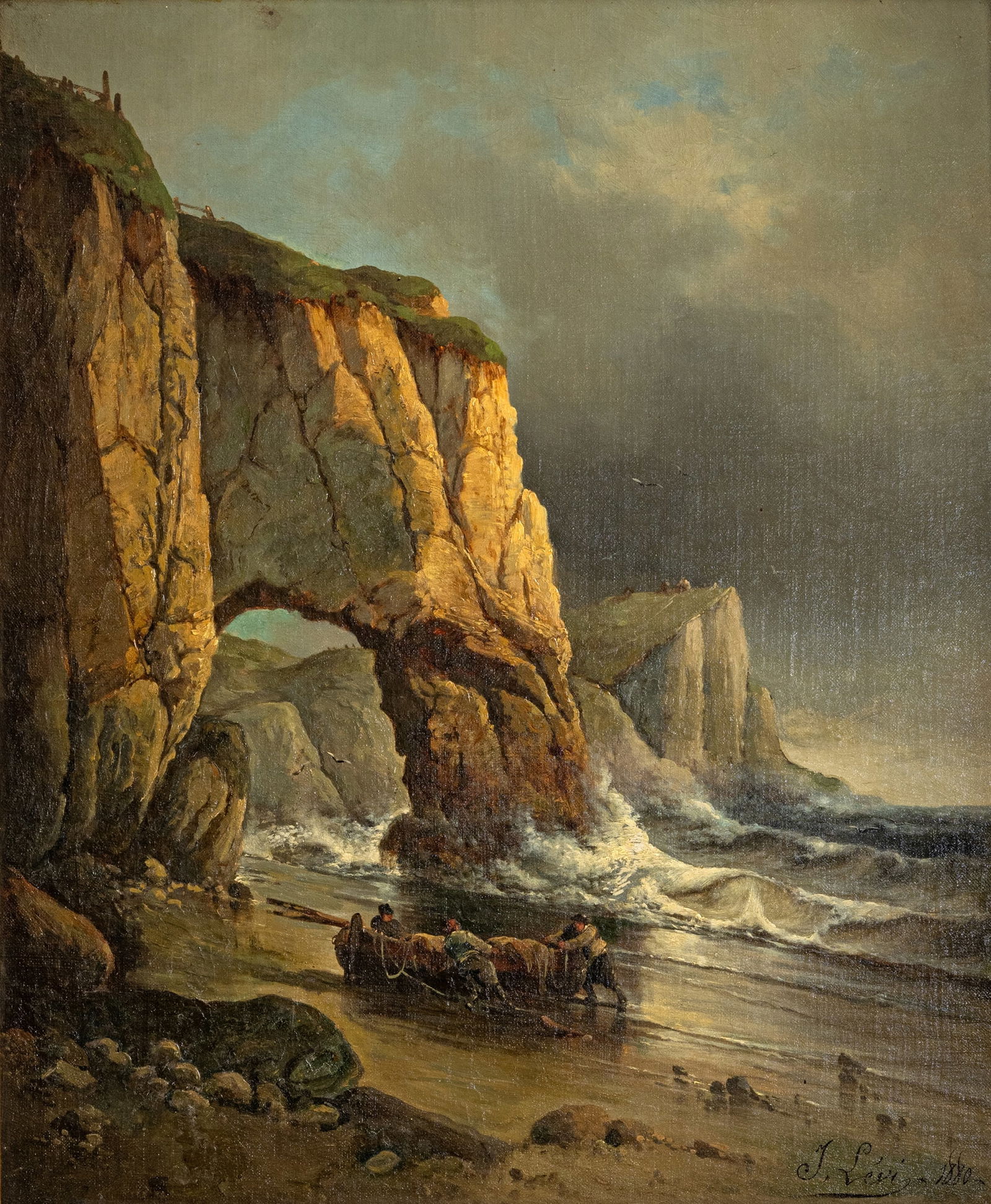 Levi, I.: Levi, I. Late 19th ct. 68,5 x 53,5 cm/ 89,5 x 79 cm Fishermen at a rocky coast. Oil/canvas/panel, signed and dated 1880, on the frame inscribed "Kap St. Vincento Portugiesische Westküste".Levi,