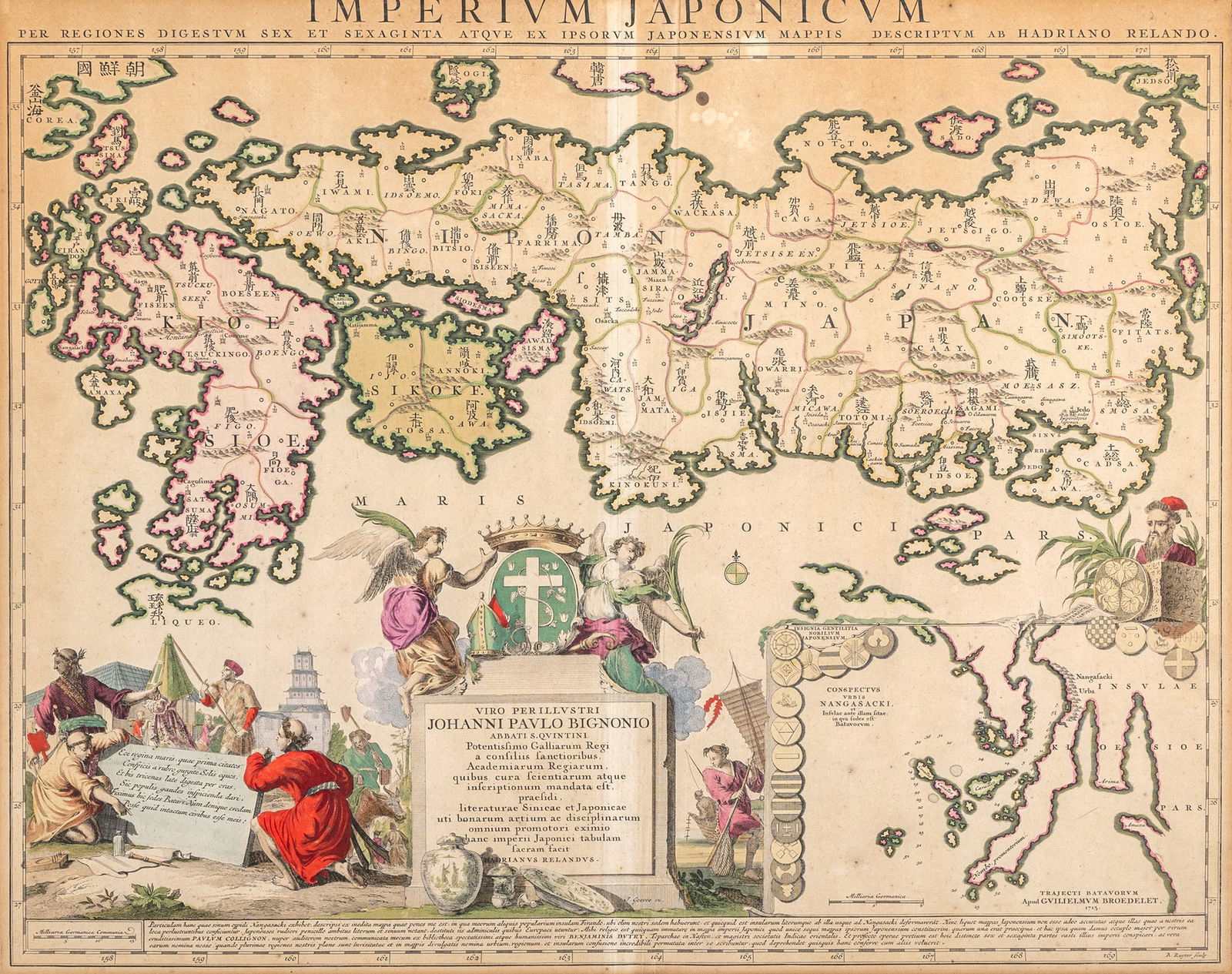 Japan: Japan 18th ct. ca. 46 x 58 cm Imperium Japonicum. 2 coloured copper engraved maps. Traces due to age.Japan 18. Jhdt. ca. 46 x 58 cm Imperium Japonicum. 2 Bll. kol. Kupferstichkarten. Alterssp.