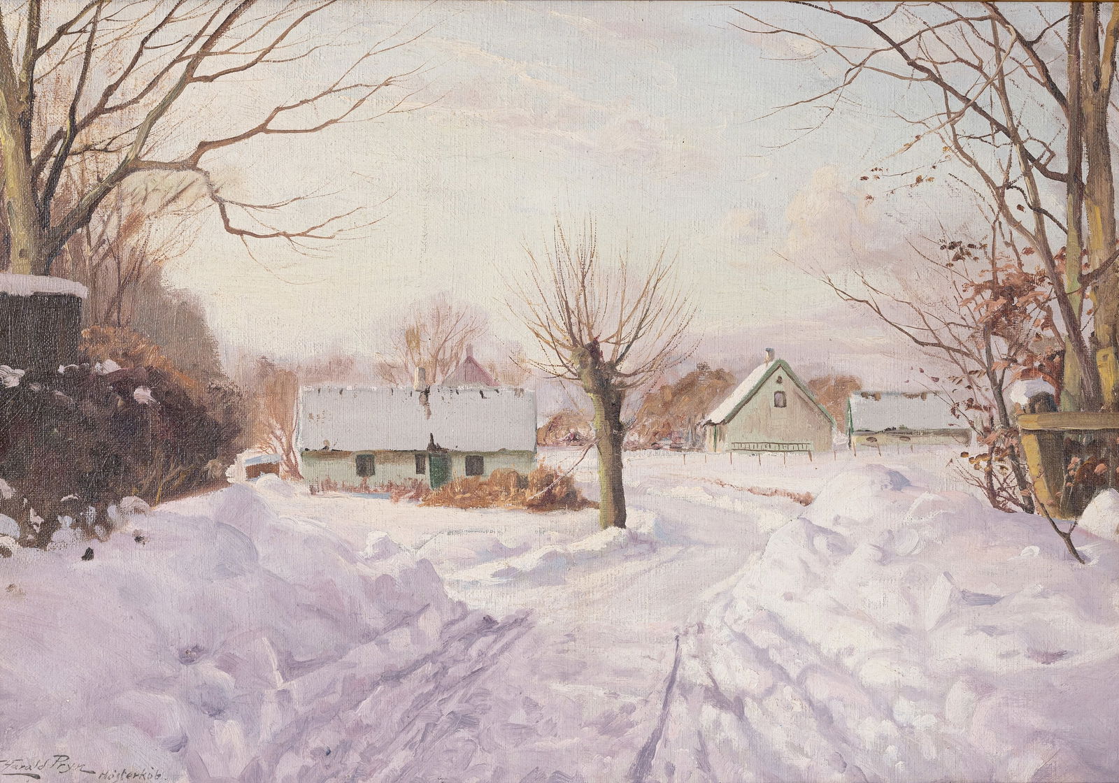 Pryn, Harald Julius Niels: Pryn, Harald Julius Niels 1891 - 1968 34 x 50 cm WInterlandscape with farmhouses. Oil/canvas, signed and inscribed Hösterkög.Pryn, Harald Julius Niels 1891 - 1968 34 x 50 cm