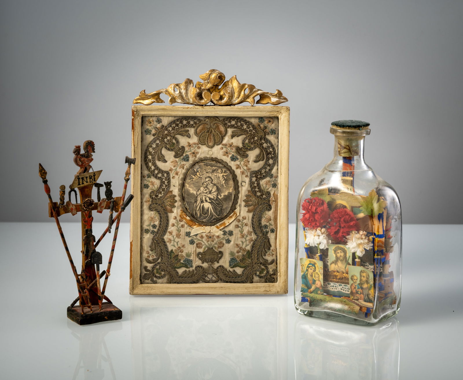 Monastic work, bottle with devotional objects and crucifix with the instruments of torture (1 of 2)