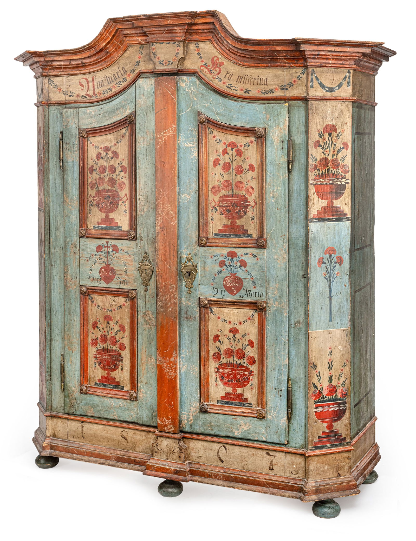 A POLYCHROME PAINTED BRASS MOUNTED SOFTWOOD RURAL CUPBOARD (1 of 7)