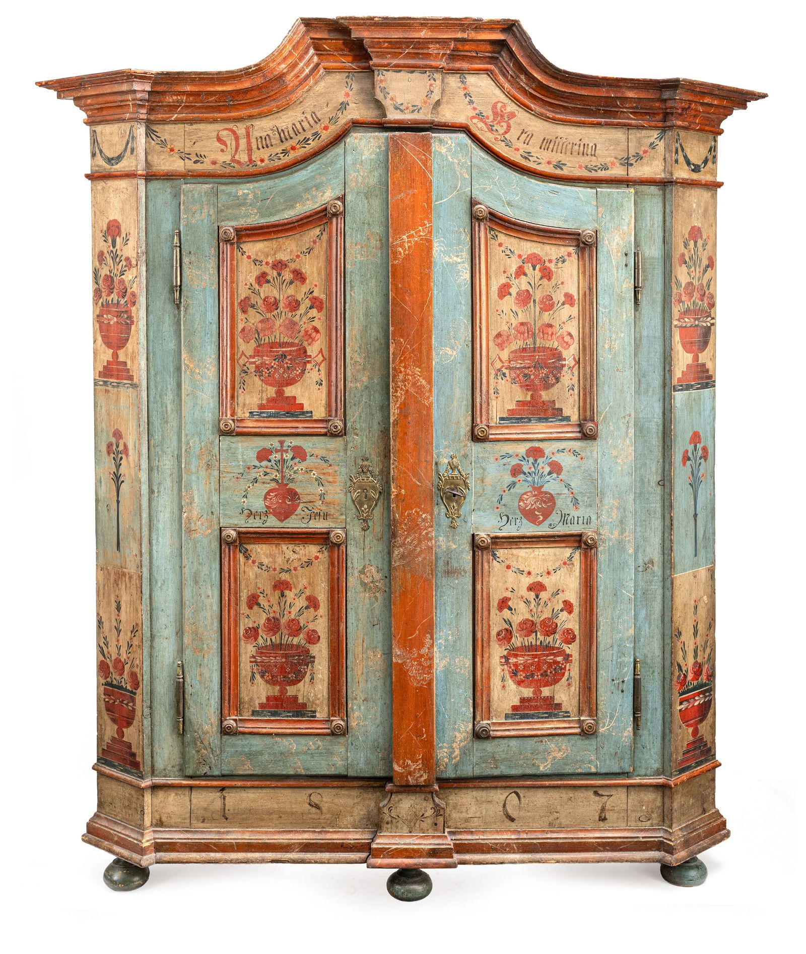 A POLYCHROME PAINTED BRASS MOUNTED SOFTWOOD RURAL CUPBOARD - 2