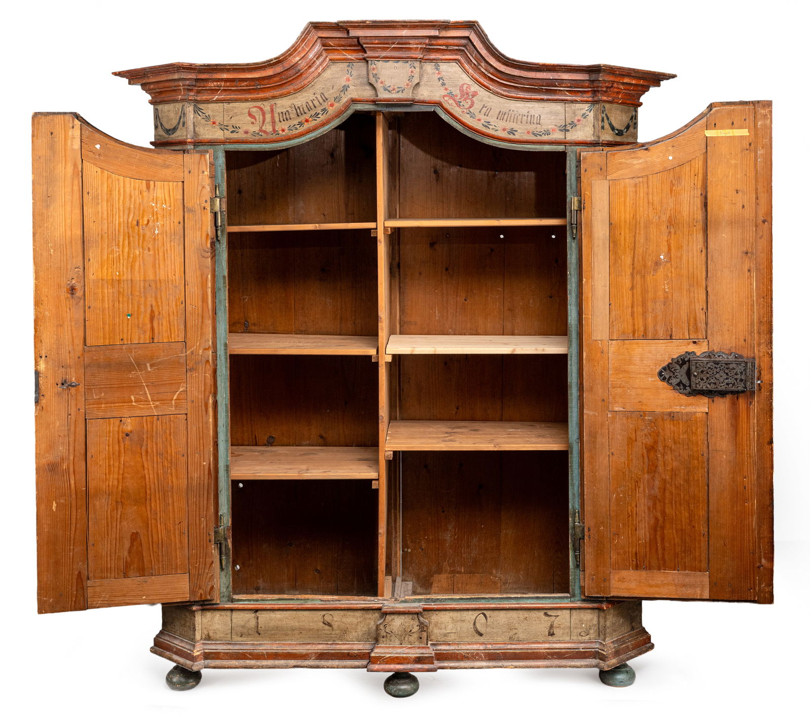 A POLYCHROME PAINTED BRASS MOUNTED SOFTWOOD RURAL CUPBOARD - 6