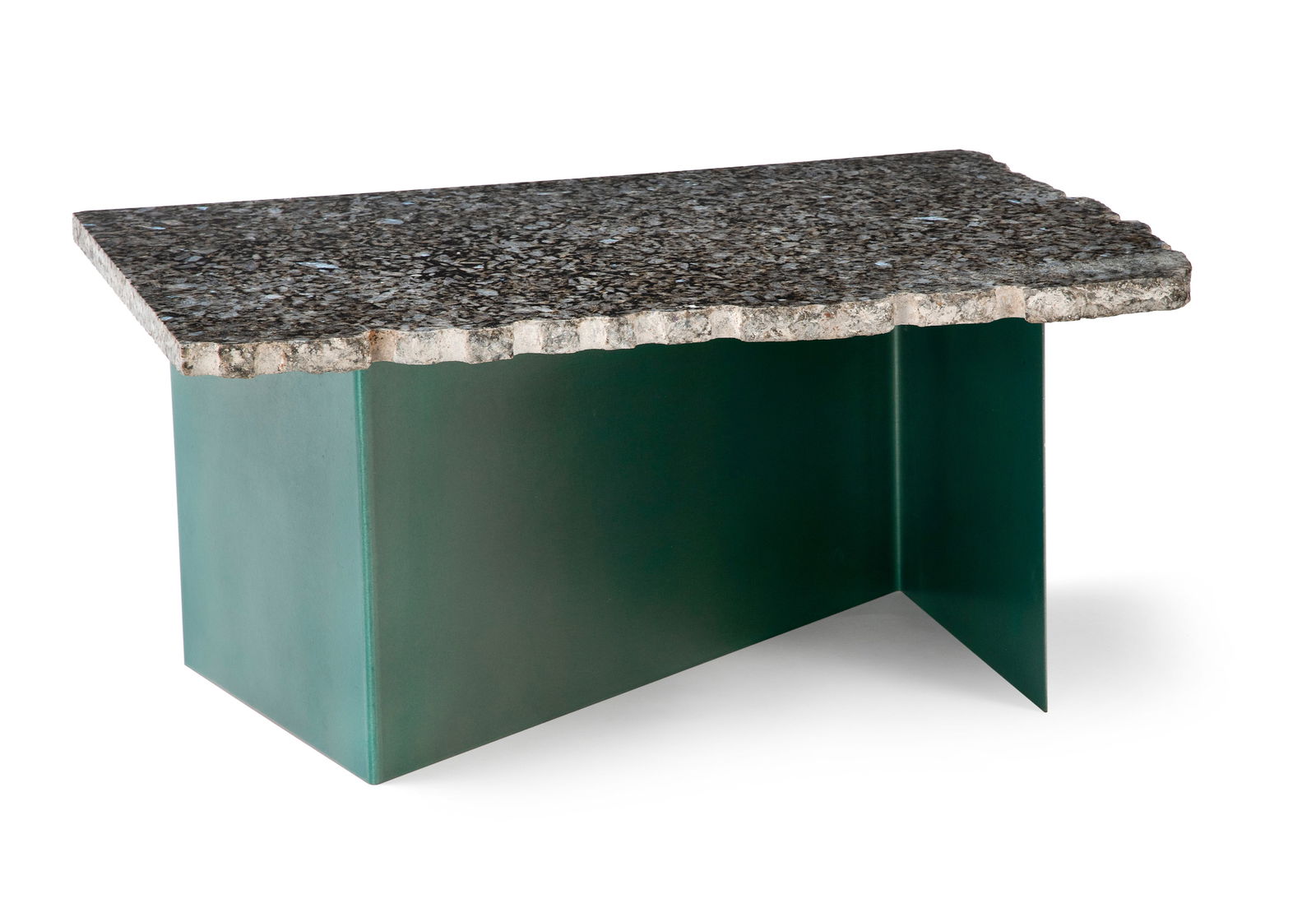 A DESIGN COUCH TABLE: A DESIGN COUCH TABLE Holger Scheel, 1990ies 46 x 95 x 67 cm Painted steel construction and gray granite top, slightly chipped.Couchtisch Holger Scheel, 1990er Jahre 46 x 95 x 67 cm Grün lackierte