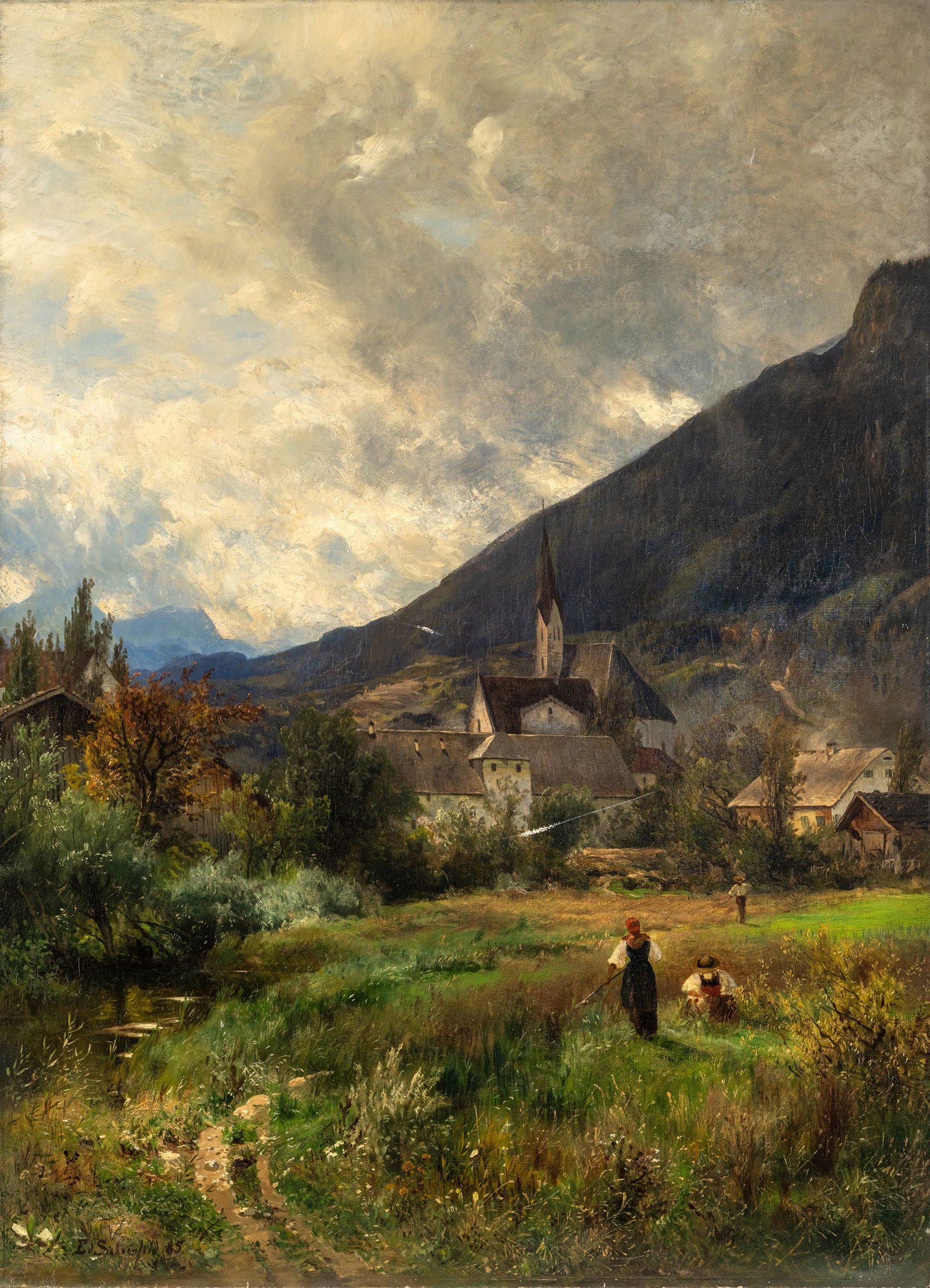 Schönfeld, Eduard: Schönfeld, Eduard 1839 - 1885 127 x 91 cm, o.R. Foothills landscape with a church. OIl/canvas, relined, signed and dated (18)85.Schönfeld, Eduard 1839 - 1885 127 x 91 cm, o.R.