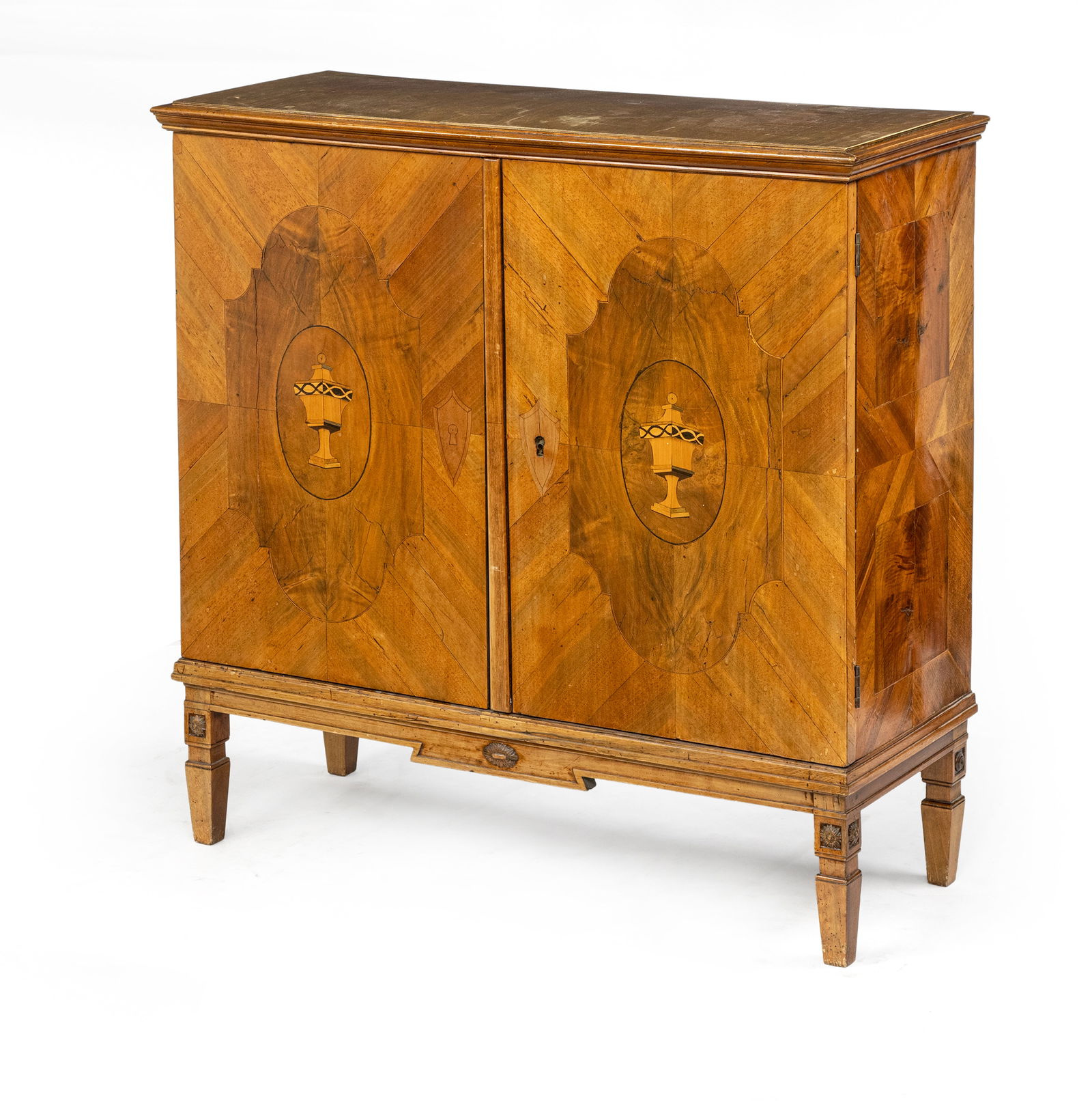 A WALNUT BOG OAK AND YEW WOOD MARQUETRIED CABINET (1 of 8)