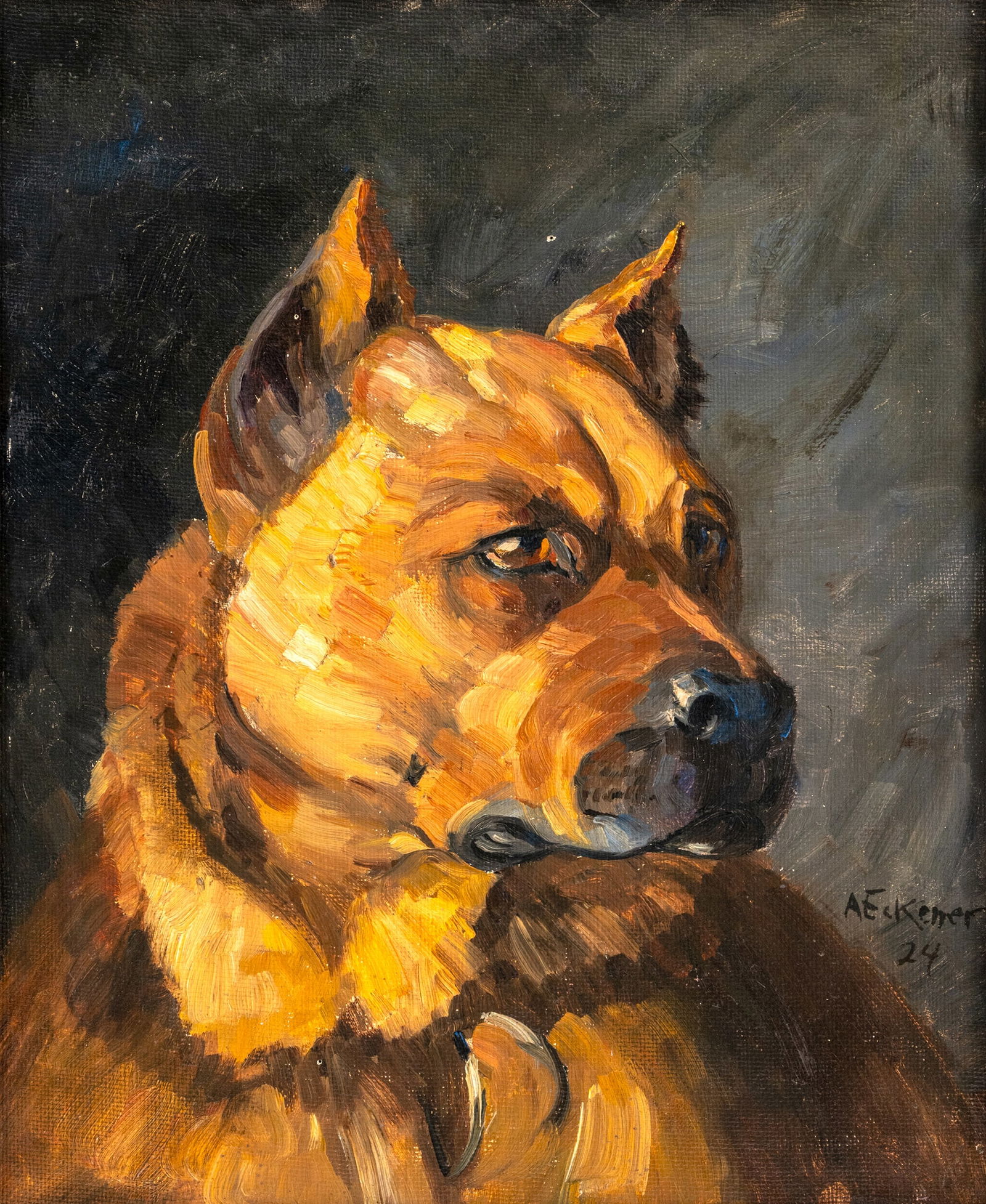 Eckener, Alexander: Eckener, Alexander 1870 - 1944 39 x 30 cm Head portrait of a massive dog. Oil/canvas/cardboard, signed and dated 24. Traces due to age, rest.Eckener, Alexander 1870 - 1944 39 x 30 cm Kopfbildnis