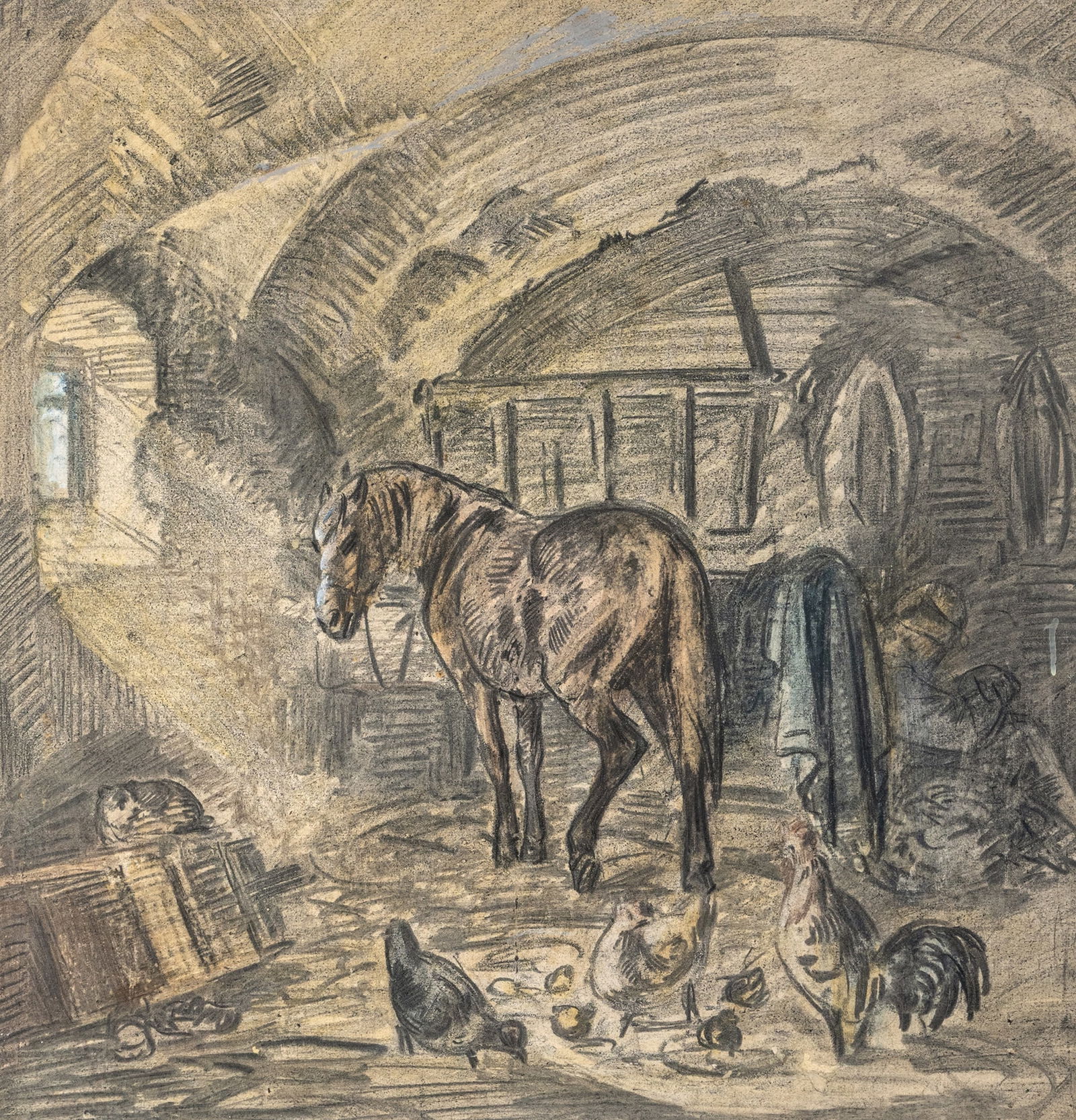 Animal Painter: Animal Painter Late 19th ct. 41 x 40 cm Horse and chickens in a stable. Mixed media/cardboard, verso old attribution to Friedrich Volz.Tiermaler Ende 19. Jhdt. 41 x 40 cm Pferd und Hühner im