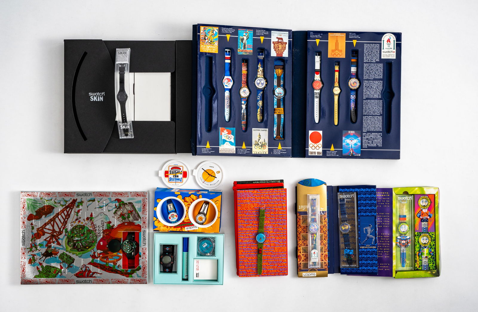 Mixed lot of 16 Swatch watches: Mixed lot of 16 Swatch watches Various special editions including Olympia Edition, "Romeo and Juliet", and "Breakfast", leather and plastic bracelets, water-resistant, quartz movement not tested for