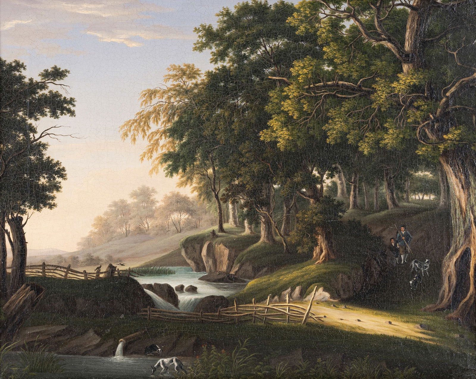 Hingenau, Marianna L.B. de: Hingenau, Marianna L.B. de 19th ct. 41 x 50 cm Wooded river landscape. Oil/canvas, verso inscribed and dated 1843.Hingenau, Marianna L.B. de 19. Jhdt. 41 x 50 cm Bewaldete Flusslandschaft.