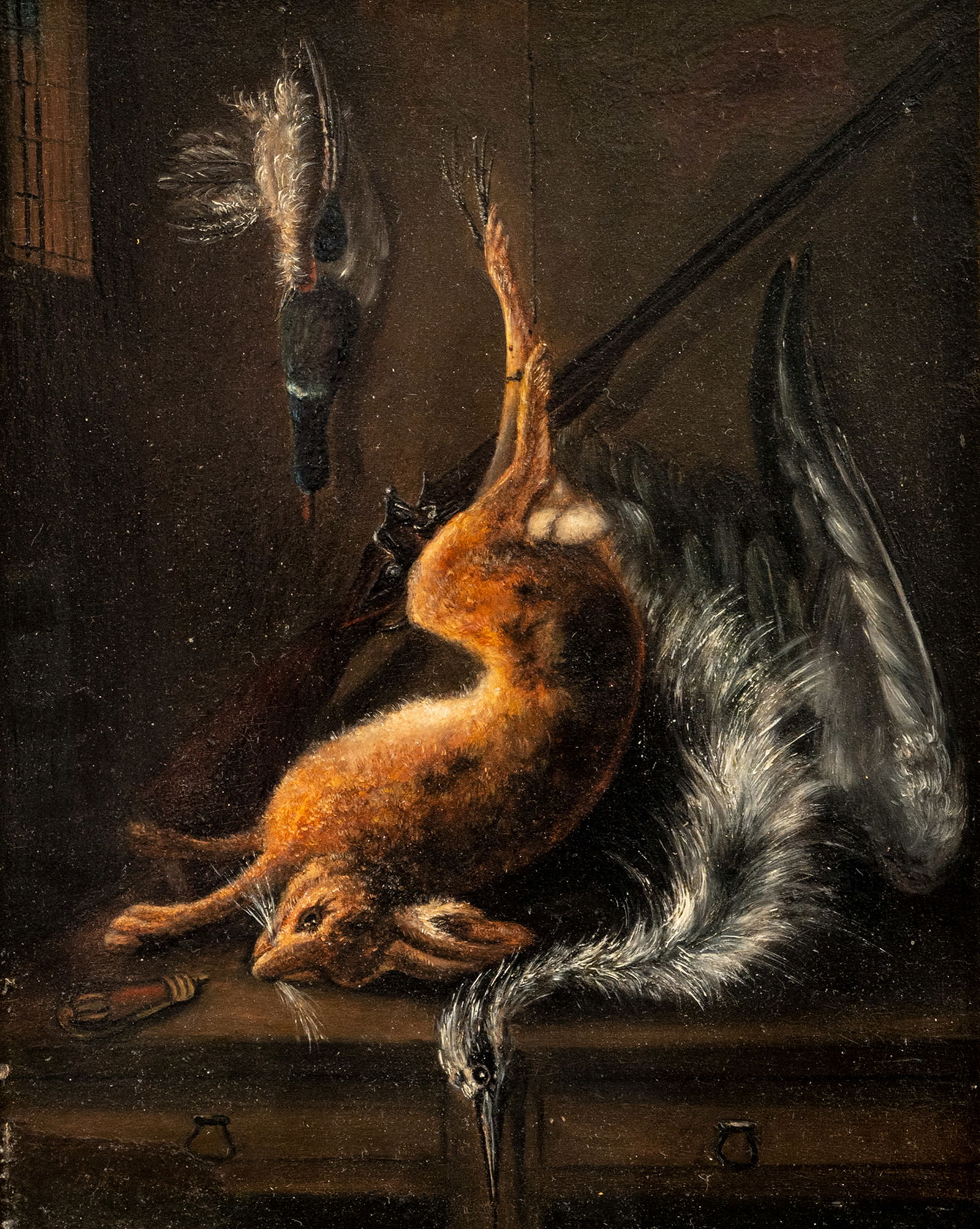 Blake, Benjamin: Blake, Benjamin C. 1770 - 1830 26 x 20 cm Still life with game in a pantry. Oil/panel, signed. Traces due to age, rest.Blake, Benjamin Ca. 1770 - 1830 26 x 20 cm Stilleben in einer Vorratskammer mit
