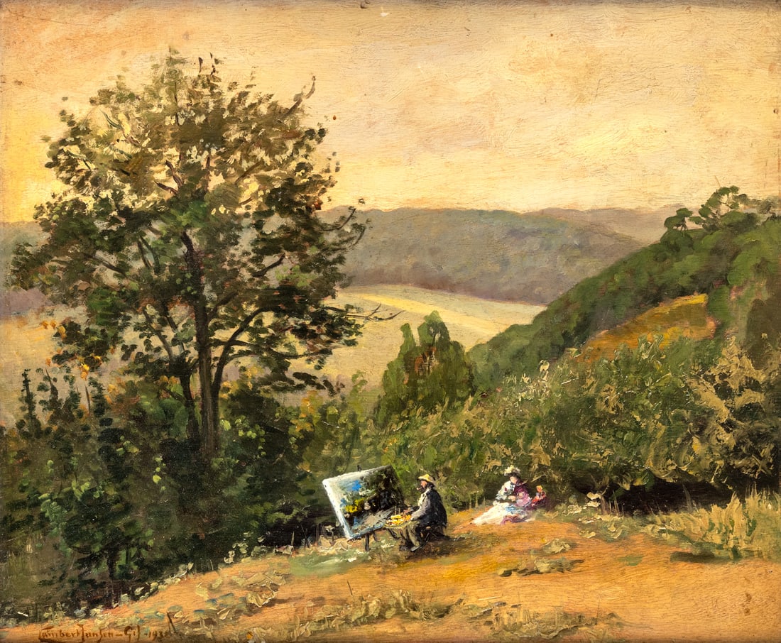 Jansen, Lambert: Jansen, Lambert 1891 - 1965 38,3 x 46 cm Landscape with an artist at the easel. Oil/panel, signed. Traces due to age.Jansen, Lambert 1891 - 1965 38,3 x 46 cm Landschaft mit Maler an der Staffelei.