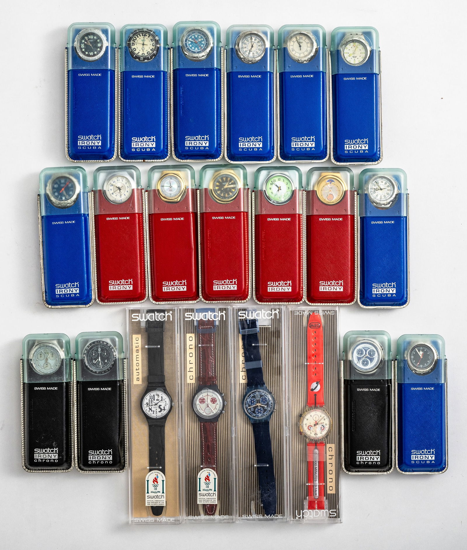 Mixed lot of 21 Swatch watches: Mixed lot of 21 Swatch watches Various editions, plastic and leather straps, some with elasticated band, water-resistant, quartz movement not tested for functionality, batteries must be replaced,