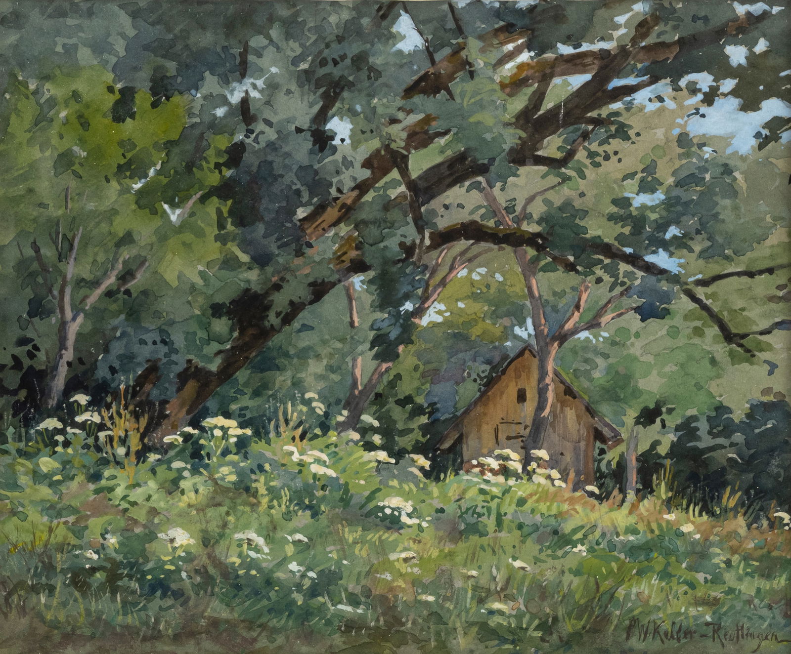 Keller-Reutlingen, Paul Wilhelm: Keller-Reutlingen, Paul Wilhelm Reutlingen 1854 - München 1920 22,5 x 18,5 cm Summer landscape with a timber cottage. Watercolour and gouache/paper, signed lower right.Keller-Reutlingen, Paul