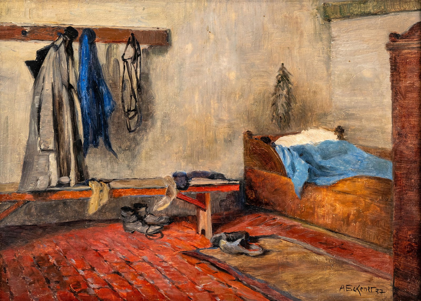 Eckener, Alexander: Eckener, Alexander 1870 - 1944 32 x 44 cm In a bedroom. Oil/panel, signed and dated 37. Traces due to age.Eckener, Alexander 1870 - 1944 32 x 44 cm Schlafstube. Öl/Holz, signiert und datiert 37.