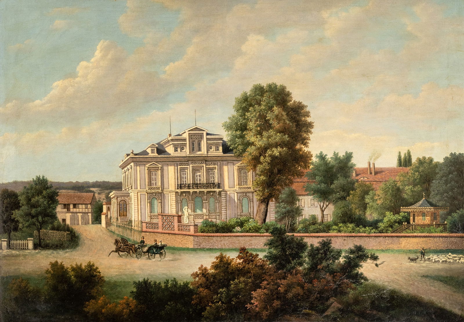 Steene, Augustus van den: Steene, Augustus van den 1803 - 1870 62 x 90 cm A mansion with a carriage at the gateway. Oil/canvas, relined, signed. Traces due to age, rest.Steene, Augustus van den 1803 - 1870 62 x 90 cm