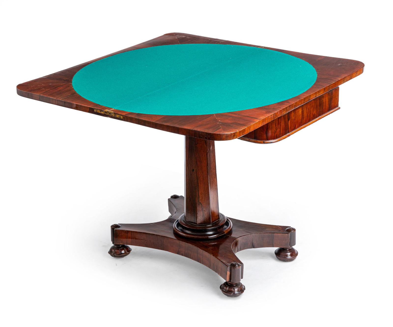 A FABRIC LINED KINGWOOD OCCASIONAL AND GAMING TABLE: A FABRIC LINED KINGWOOD OCCASIONAL AND GAMING TABLE 19th century 74 x 91 x 44/88 cm Fold-out and rotating top with green felt covering. On a fitted plinth with bun feet. Age-related damages,