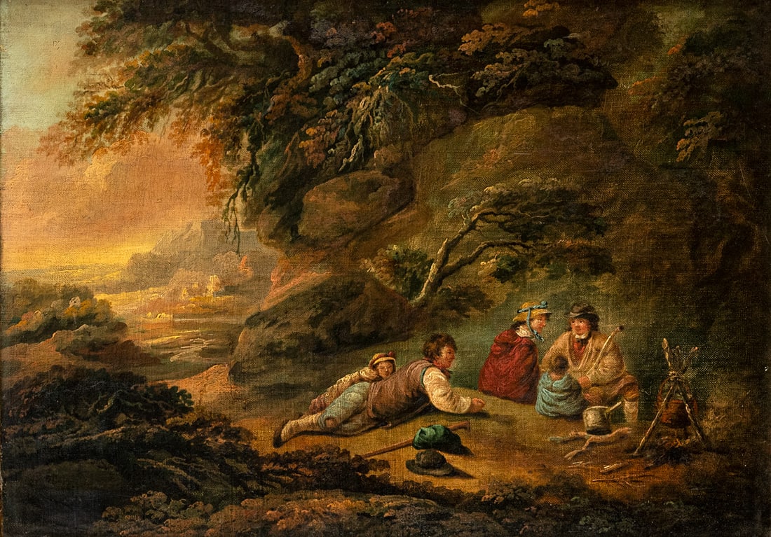 Morland, George (attr.): Morland, George (attr.) 1762/63 - 1804 51 x 70 cm A family having picnic in front of an extensive landscape. Oil/canvas, monogrammed. Traces due to age, rest. From the closure of Hof Galerie,
