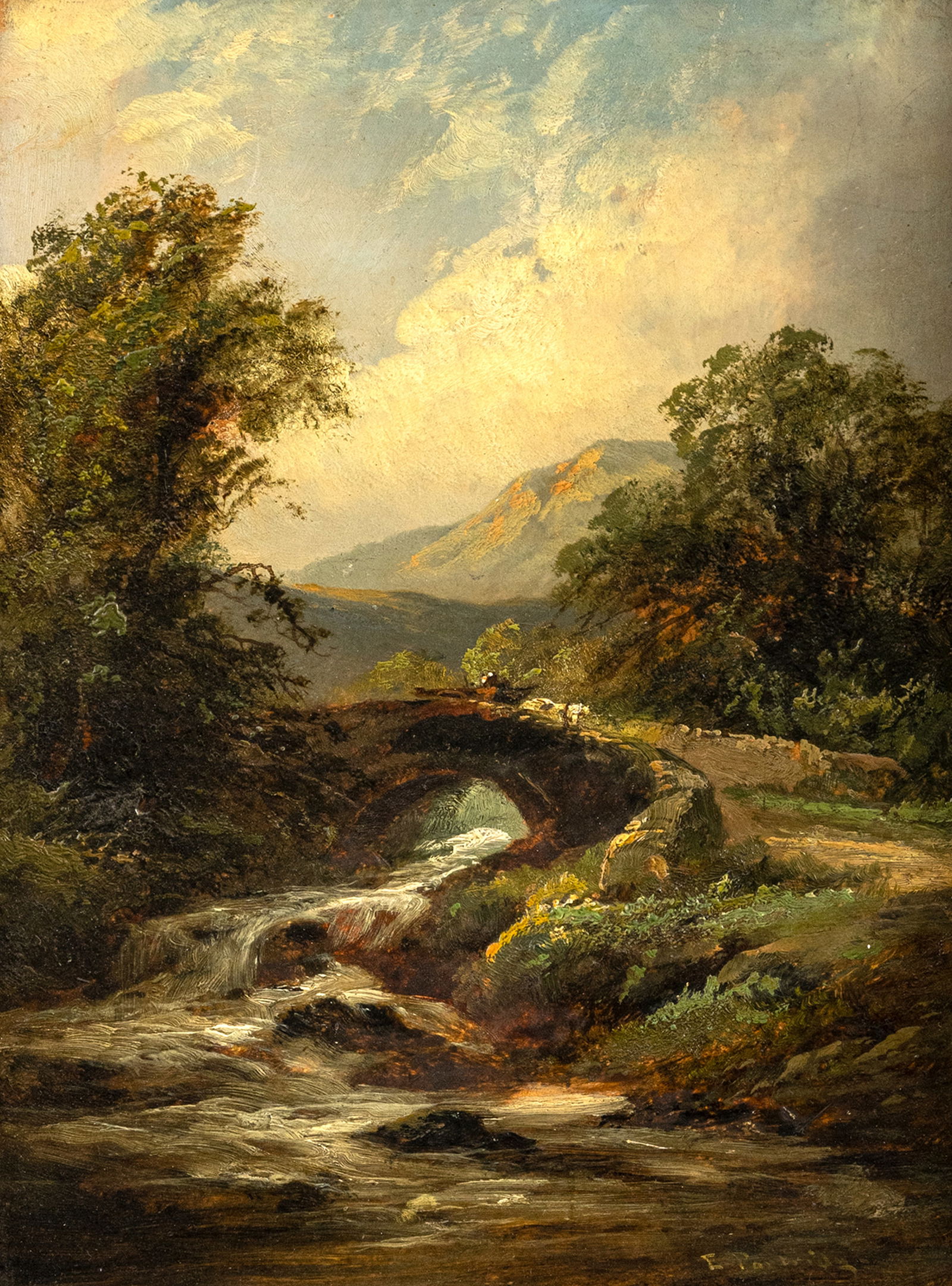 Partridge, Ellen: Partridge, Ellen Active c. 1844 - 1894 30 x 23 cm "Welch Bridge (...)shire". Oil/metal, signed, verso with title. Traces due to age.Partridge, Ellen Tätig ca. 1844 - 1894 30 x 23 cm "Welch