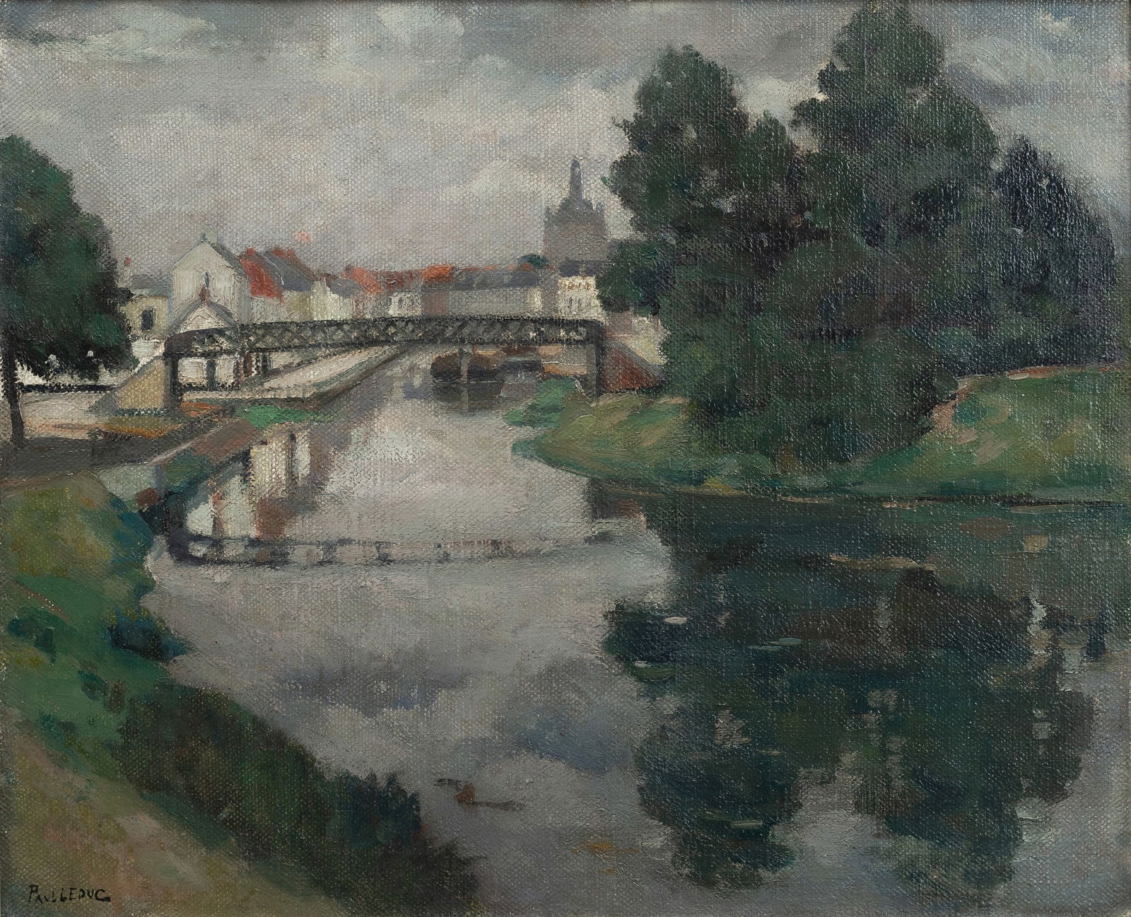 Leduc, Paul: Leduc, Paul 1876 - 1943 50 x 61 cm View of a city at a river. Oil/canvas, signed.Leduc, Paul 1876 - 1943 50 x 61 cm Stadt am Fluss. Öl/Lwd., signiert.