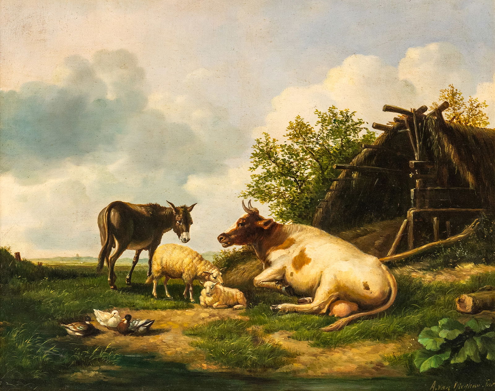 Dieghem, Adrian van: Dieghem, Adrian van 1843 - 1885 41 x 51 cm Herd of animals in front of a meadow. Oil/canvas, relined, signed. Traces due to age, rest.Dieghem, Adrian van 1843 - 1885 41 x 51 cm Tierherde vor