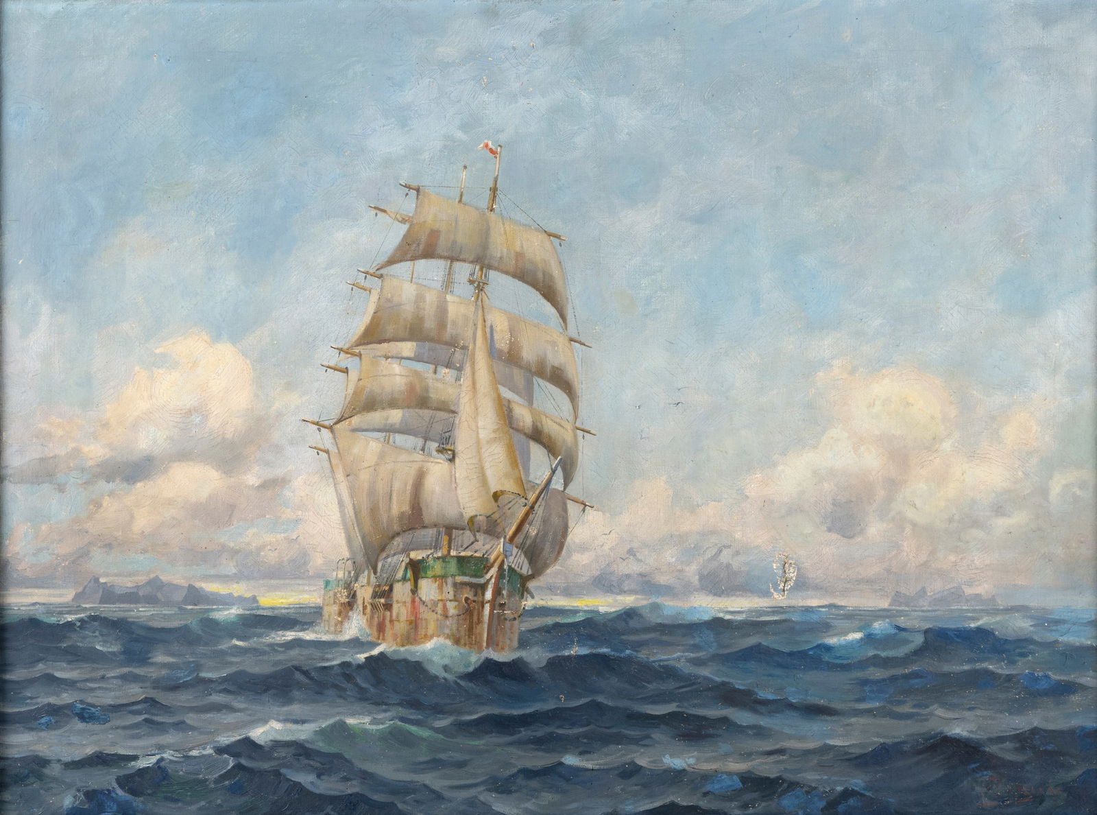 Marine Painter: Marine Painter 20th ct. 60 x 82 cm Windjammer in high sea. Oil/canvas, indistinctly signed. Traces of age.Marinemaler 20. Jhdt. 60 x 82 cm Windjammer auf hoher See. Öl/Lwd., undeutl. signiert.