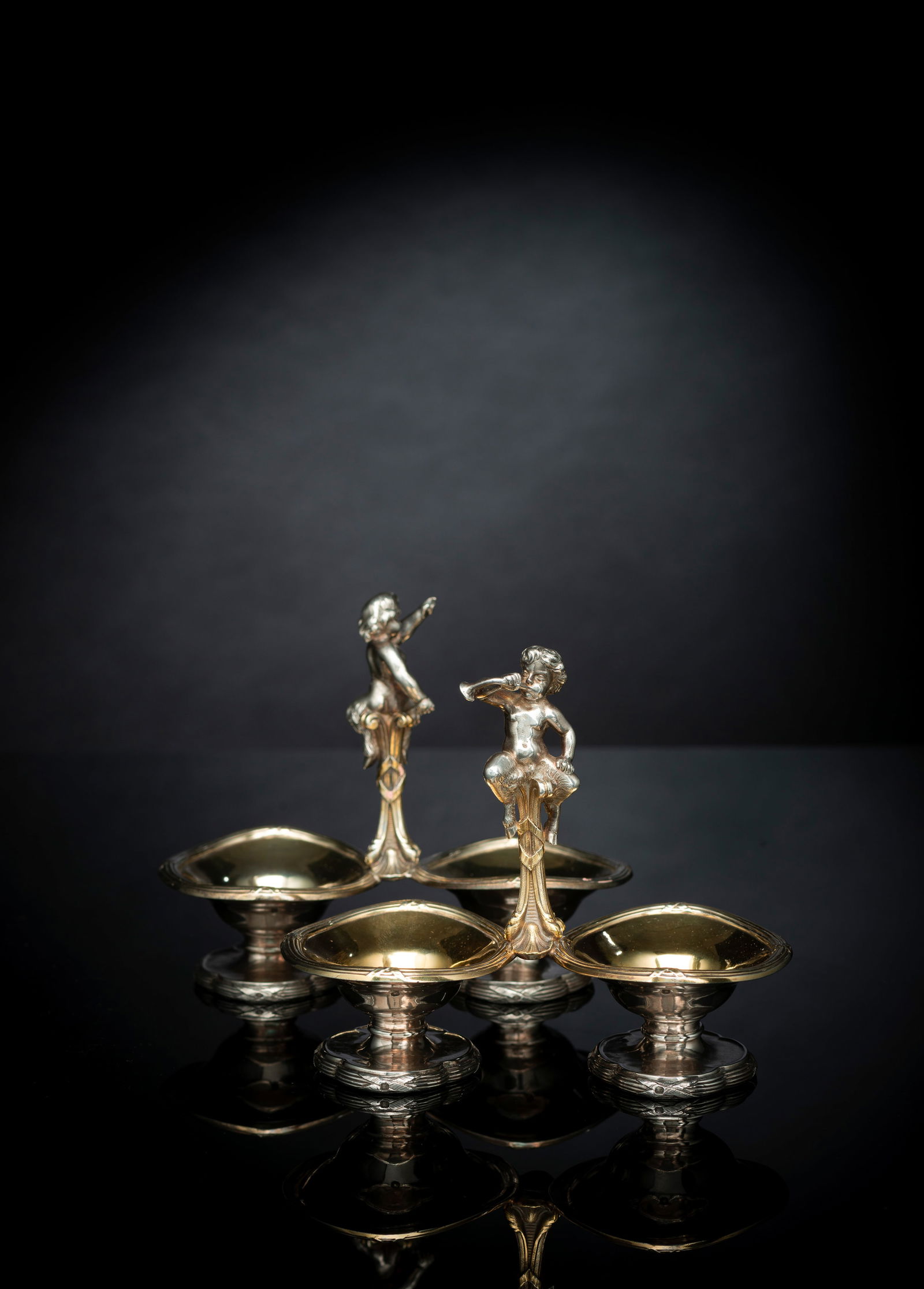 A PAIR OF FRENCH PARCEL GILT SILVER SPICE STANDS WITH PUTTI - 2