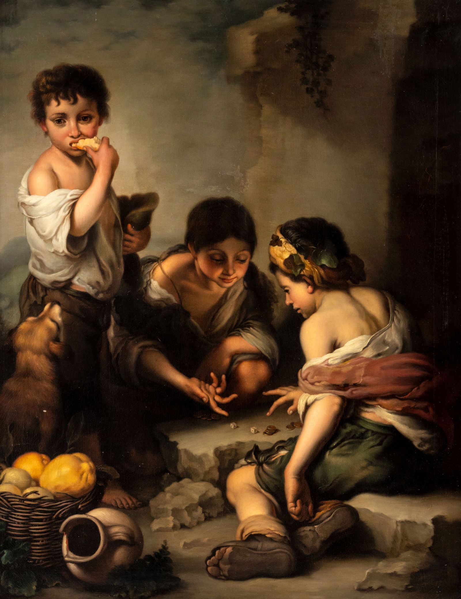 Murillo, Bartolomé Esteban (after): Murillo, Bartolomé Esteban (after) 1618 - 1682 80 x 62 cm Children playing dice. Oil/canvas, relined. Traces due to age, rest.Murillo, Bartolomé Esteban (nach) 1618 - 1682 80 x 62 cm Kinder