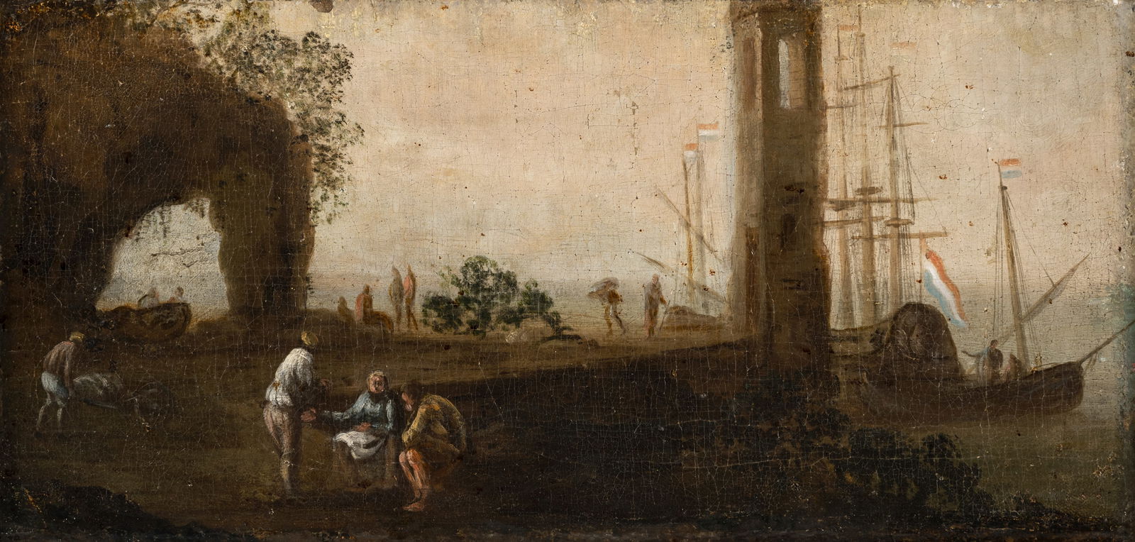 Dutch School: Dutch School 17/18th ct. 29 x 60 cm Harbour Scene. Oil/canvas, relined.Niederlande 17./18. Jhdt. 29 x 60 cm Hafenszene. Öl/Lwd., doubl.
