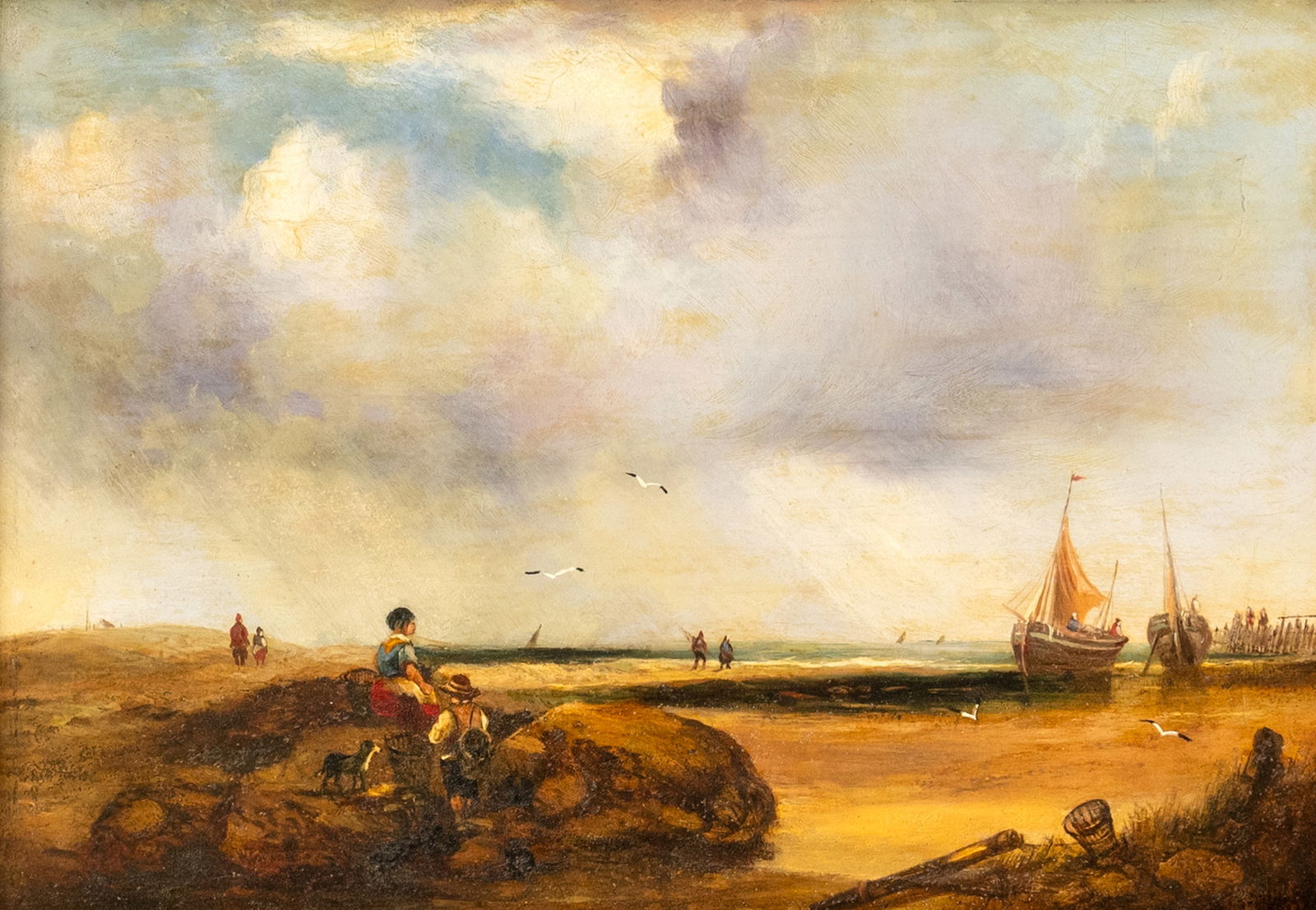 Collins, William: Collins, William 1788 - 1847 26 x 36,5 cm Coastal Landscape. Oil/metal, signed and dated 1842. Traces due to age.Collins, William 1788 - 1847 26 x 36,5 cm Küstenlandschaft. Öl/Metall,