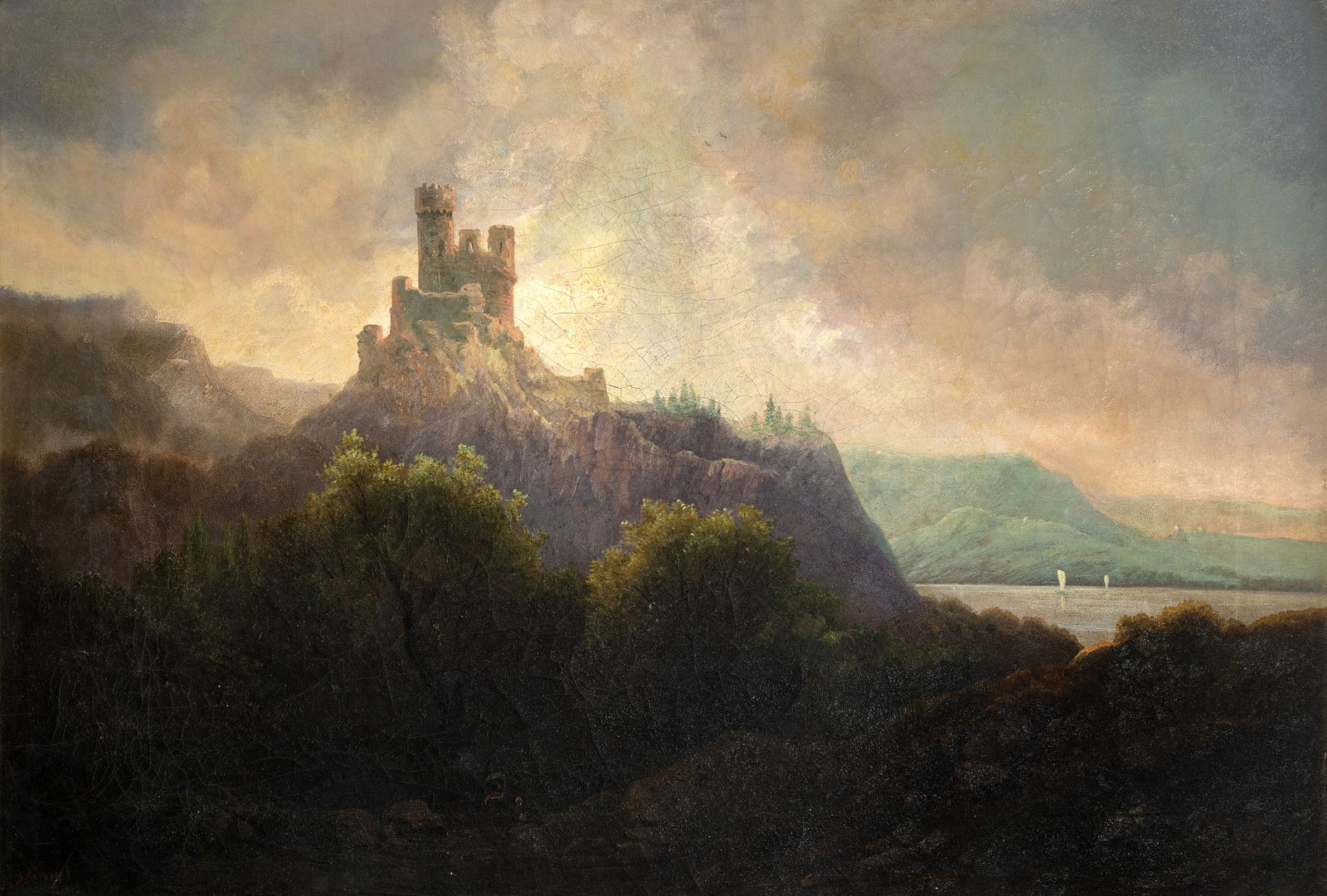 Nagel, J.: Nagel, J. 19th ct. 47,5 x 69 cm Stolzenfels Castle at the Rhine. Oil/canvas, signed. Traces due to age, rest.Nagel, J. 19. Jhdt. 47,5 x 69 cm Burg Stolzenfels am Rhein. Öl/Lwd., signiert.