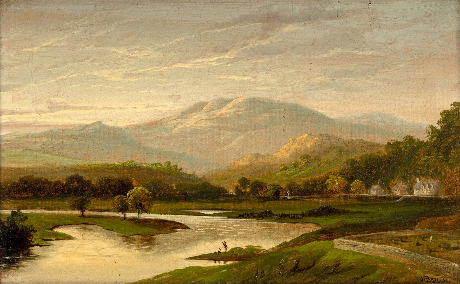 Barclay, J.: Barclay, J. 1840 - 1903 25 x 41 cm River course in front of a mountainous landscape. Oil/canvas, inscribed. Traces due to age, rest.Barclay, J. 19/20th ct. 25 x 41 cm Flusslauf vor Gebirgslandschaft.