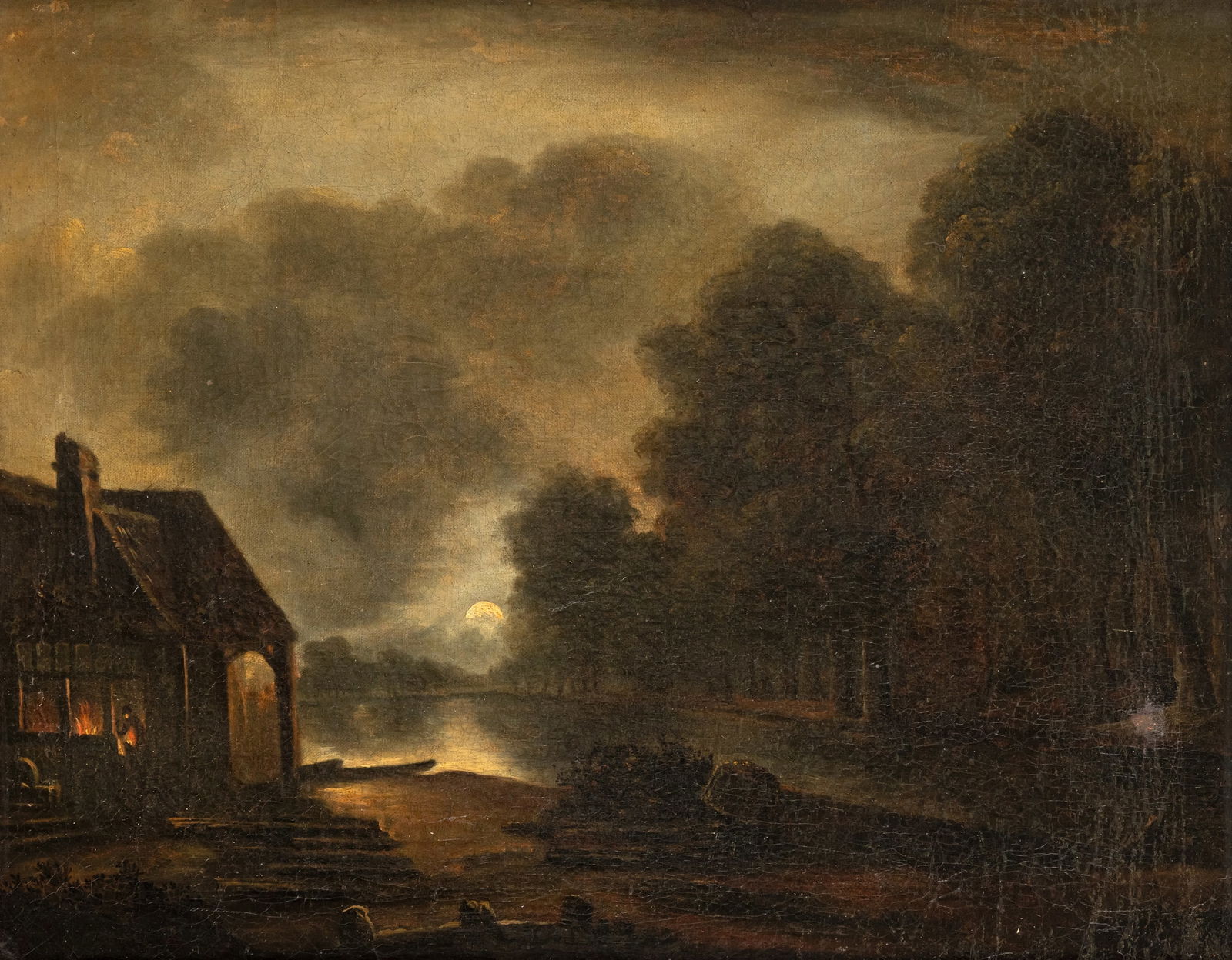Neer, Aert van der (Kreis/Circle): Neer, Aert van der (Kreis/Circle) Amsterdam 1603 - 1677 48,5 x 61,5 cm/ 50,5 x 63,5 cm Nightly canal landscape by moonlight. Oil/canvas, relined. Hessian private collection.Neer, Aert van der