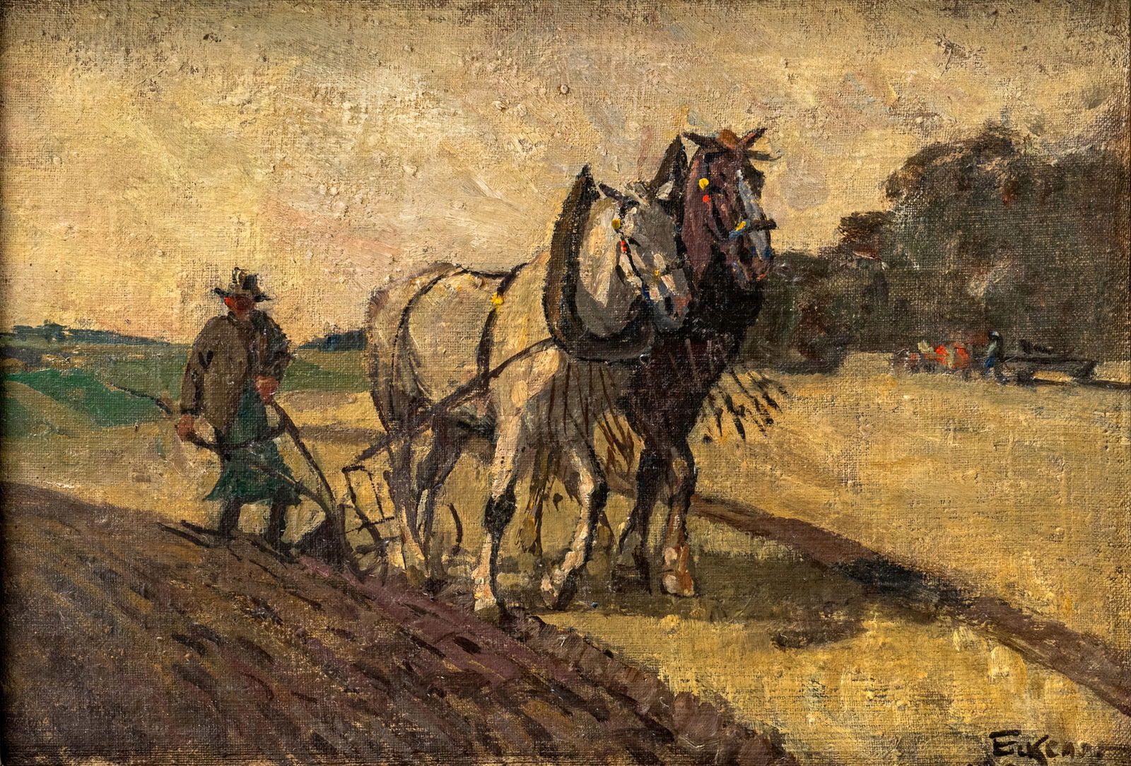 Eckener, Alexander: Eckener, Alexander 1870 - 1944 20 x 29 cm Ploughing horses. Oil/canvas/cardboard, signed. Traces due to age, rest.Eckener, Alexander 1870 - 1944 20 x 29 cm Pflügende Pferde. Öl/Lwd./Karton,