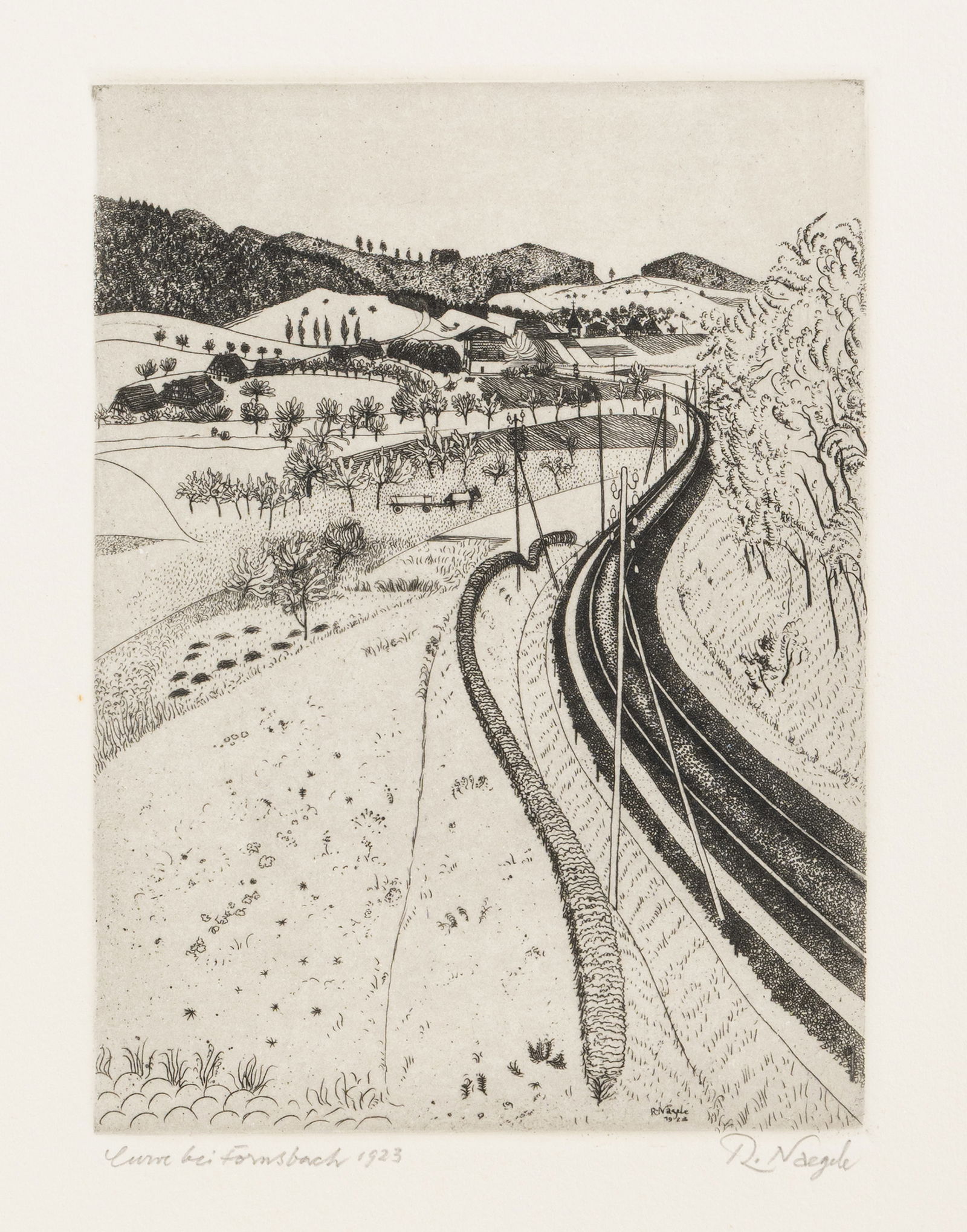 Nägele, Reinhold: Nägele, Reinhold 1884 - 1972 23 x 17,5 cm Kurve bei Fornsbach. Etching, signed and dated 1923.Nägele, Reinhold 1884 - 1972 23 x 17,5 cm Kurve bei Fornsbach. Radierung, signiert und datiert