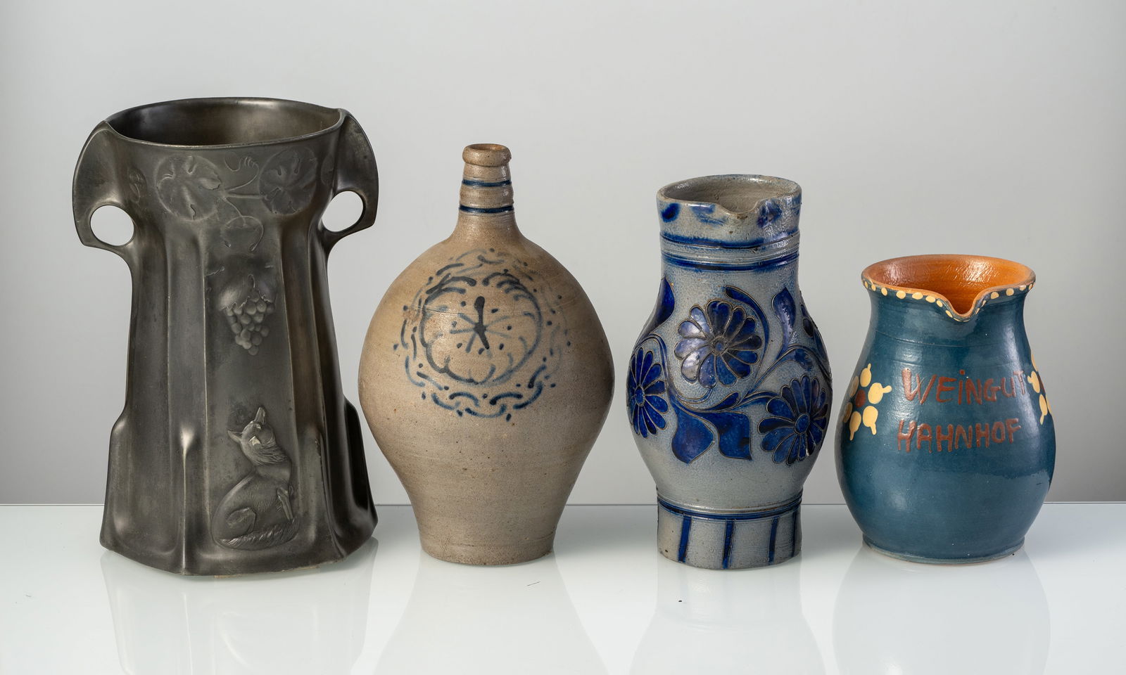 A MIXED LOT OF JARS, VASES, TANKARDS, BOWLS AND TILES - 2