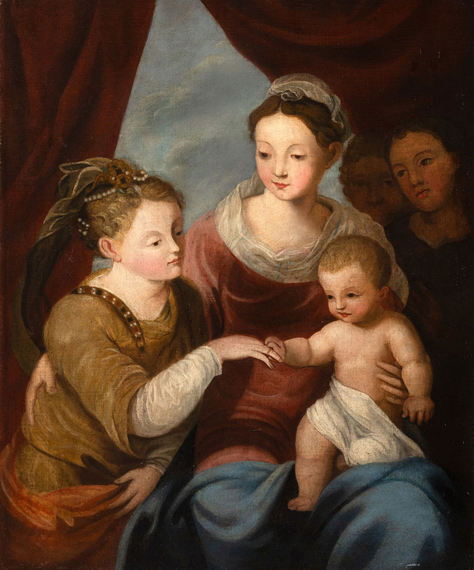 Italian School: Italian School 18/19th ct. 70 x 58 cm Mystical Marriage of St. Catherine. Oil/canvas, relined. Traces due to age, rest.Italienische Schule 18./19. Jhdt 70 x 58 cm Die mystische Vermählung der