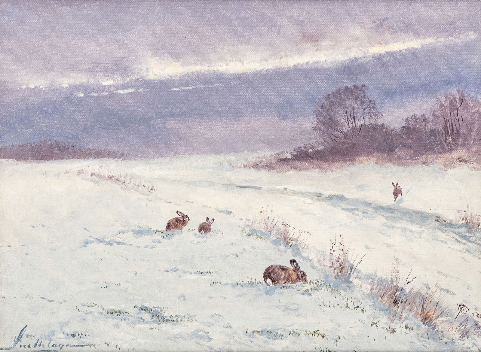 Snethlage, Helmuth: Snethlage, Helmuth 1925 - 2011 30 x 40 cm Winter landscape with rabbits. Oil/canvas, signed.Snethlage, Helmuth 1925 - 2011 30 x 40 cm Winterlandschaft mit Kaninchen. Öl/Lwd., signiert.